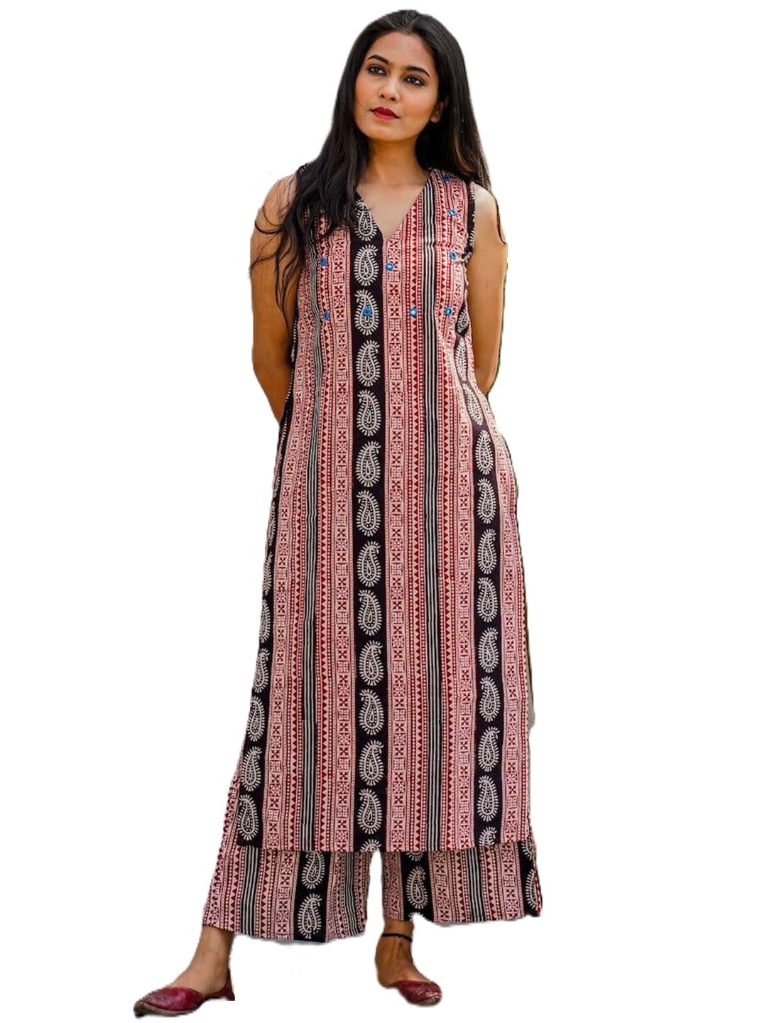 Women’s Paisley Print Cotton Straight Kurta with Pants Set, Red and Black Ethnic Design Women’s Paisley Print Cotton Straight Kurta with Pants Set, Red and Black Ethnic Design