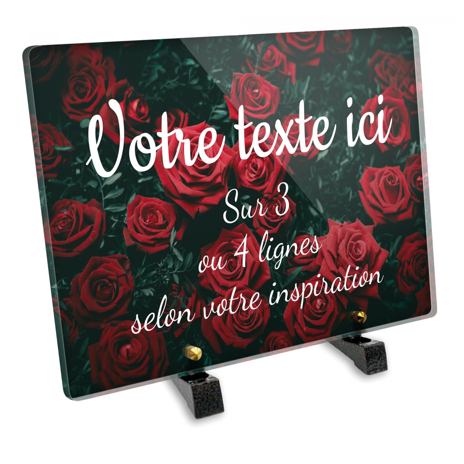 Targa funeraria rettangolare personalizzabile in plexi motivo rose, diverse dimensioni, spessore 6 mm, personalizzata su più linee, 30 x 20 cm