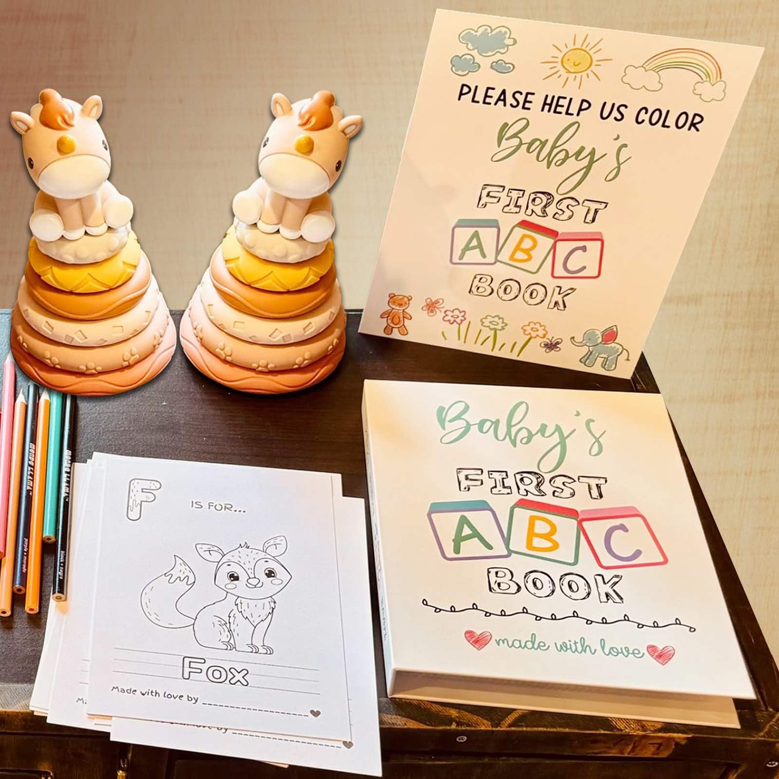 Baby's First ABC Book - Juego de recuerdo de actividades para baby shower, libro de invitados para colorear ABC, libro de invitados del primer alfabeto del bebé, páginas para colorear del alfabeto de
