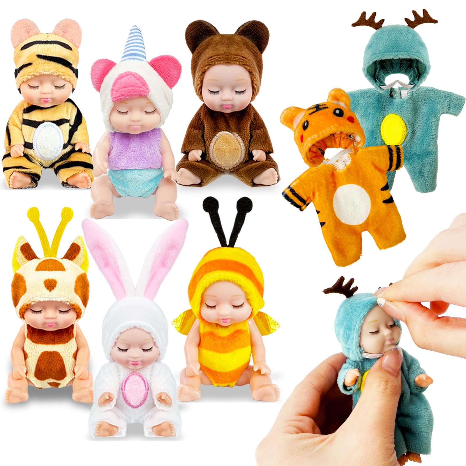 Haawooky 6 Pcs 4 Inch Mini Baby Dolls,Cute Small Baby Doll Toys with 8 Pcs Animal Clothes,Lifelike Realistic Reborn Tiny Baby Dolls for Kids Baby Shower Easter Basket Birthday Gifts