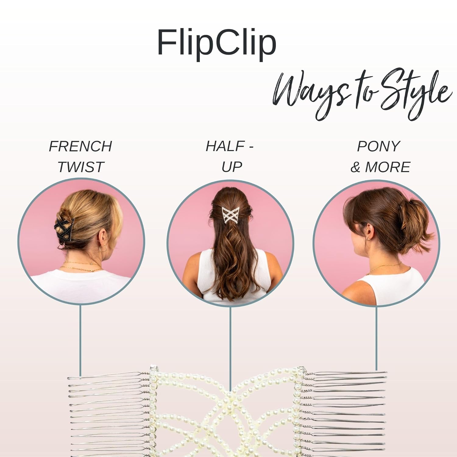 CALISTA FlipClip | Strong Hold No Slip | Flat Hair Clip | Double Locking Comb | No Pulling, Creasing, Or Damage | Stretchy Adjustable Clip | Hand Beaded | All Hair Types (Black, Single-Pack)