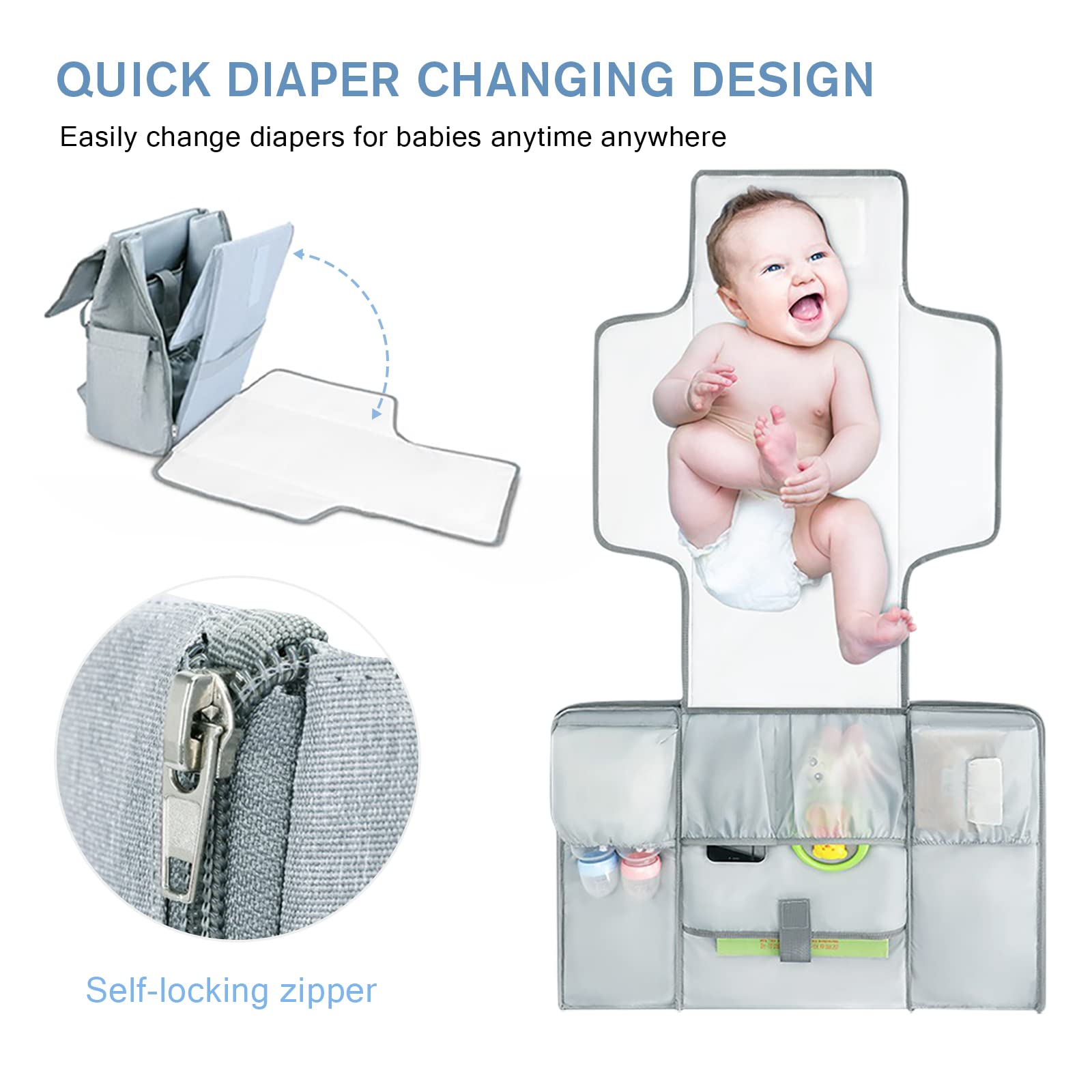 SONARIN Zaino Fasciatoio e Materassino Fasciatoio,2-in-1 Leggera Borsa Fasciatoio da Viaggio Fasciatoio per Bambino Borsa per Pannolini Zaino Mamma Impermeabile con Ganci per Passeggino(Grigio)