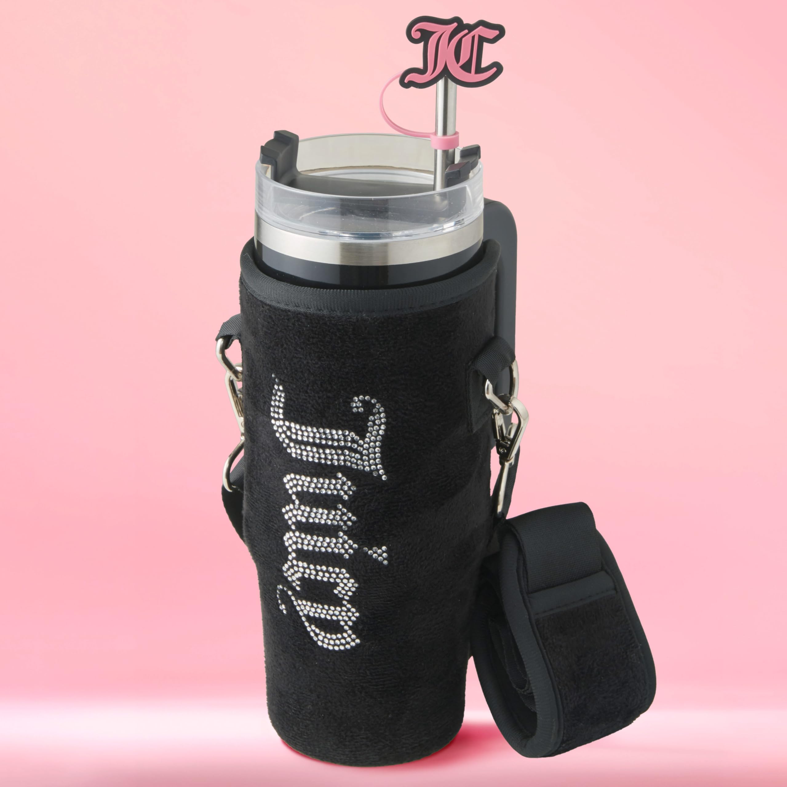 Juicy Couture Jetsetter 30oz Stainless Steel Travel Tumbler With Velour Crossbody Pouch, Interchangeable Lid, and Straw, Black