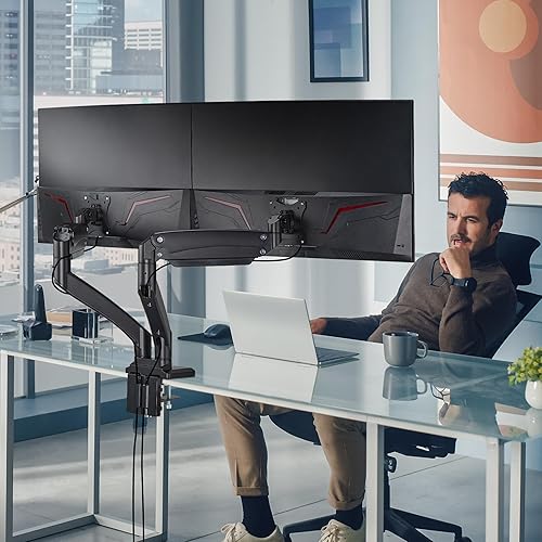 Miniatura 2 de AVLT Soporte de escritorio con brazo de monitor dual de 13 a 43 pulgadas, se adapta a dos monitores planoscurvos, altura de movimiento completo,