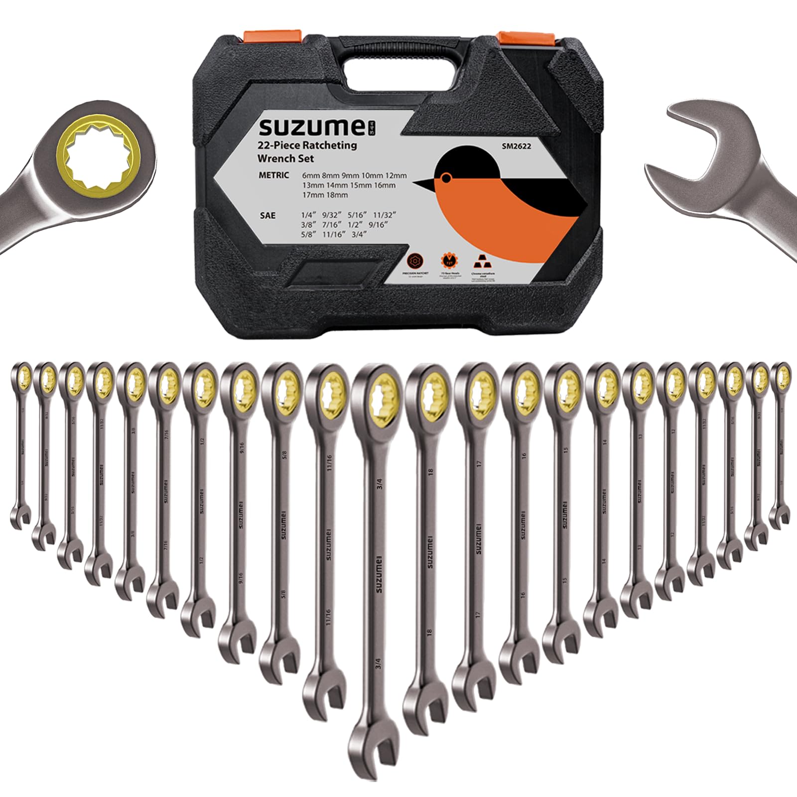 SUZUME 22-Piece Ratchet Wrenches Set Metric &amp; SAE for Auto Car Moto Bike