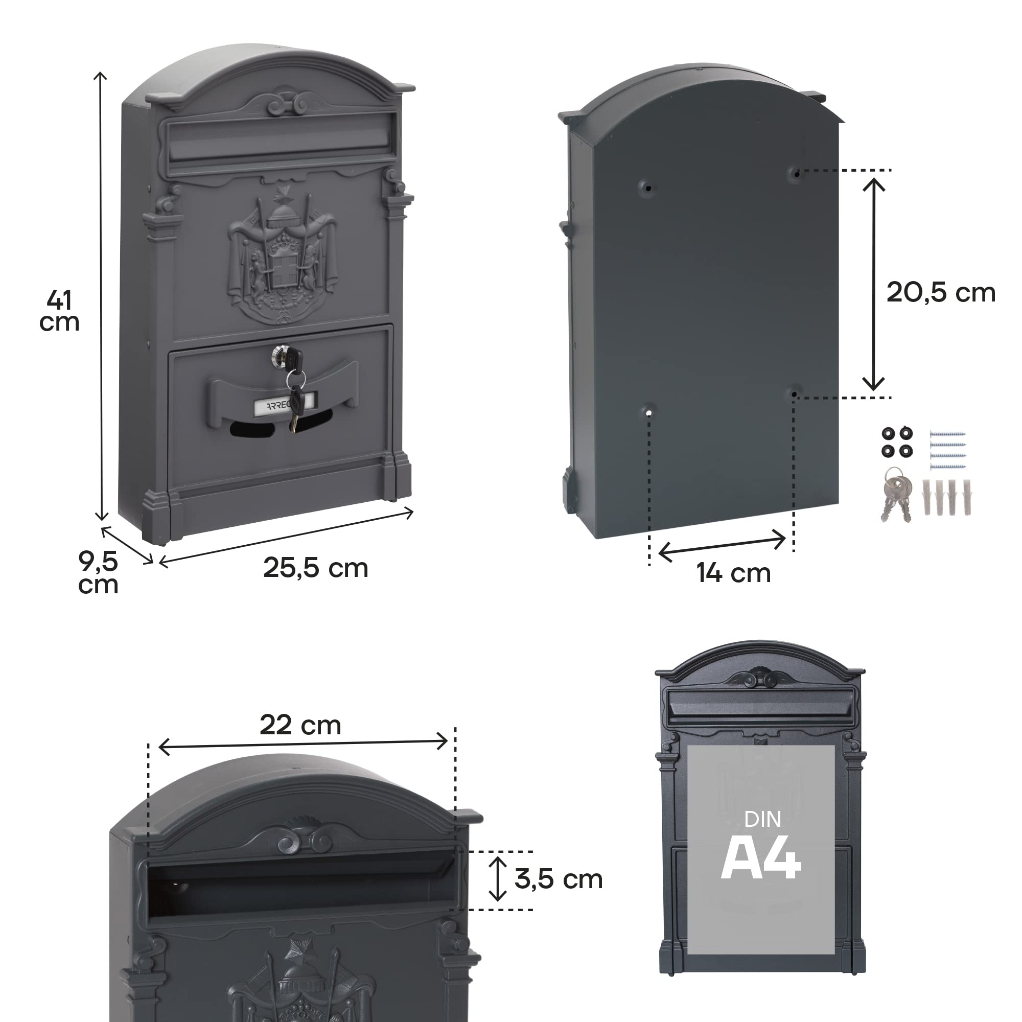 ARREGUI Residencia D-2151/GA Cassetta Postale Individuale di Stile Classico in Alluminio, Dimensione M (DIN A4 e Riviste), Grigio antracite