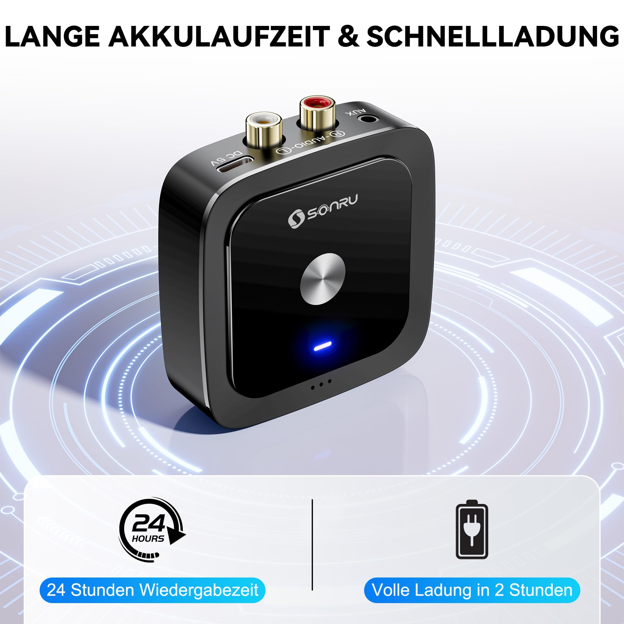 SONRU Bluetooth 6.0 Adapter Empfänger Klinke, Aux Bluetooth Receiver Audio Adapter Stereo mit 3 5mm Klinke und RCA Kabel für Stereoanlage Lautsprecher, Autoradio, Verstärker