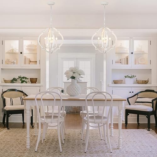 Miniatura 2 de Candelabro rústico de estilo rústico para comedor, iluminación colgante de madera blanca, 4 luces, pequeñas lámparas colgantes francesas para