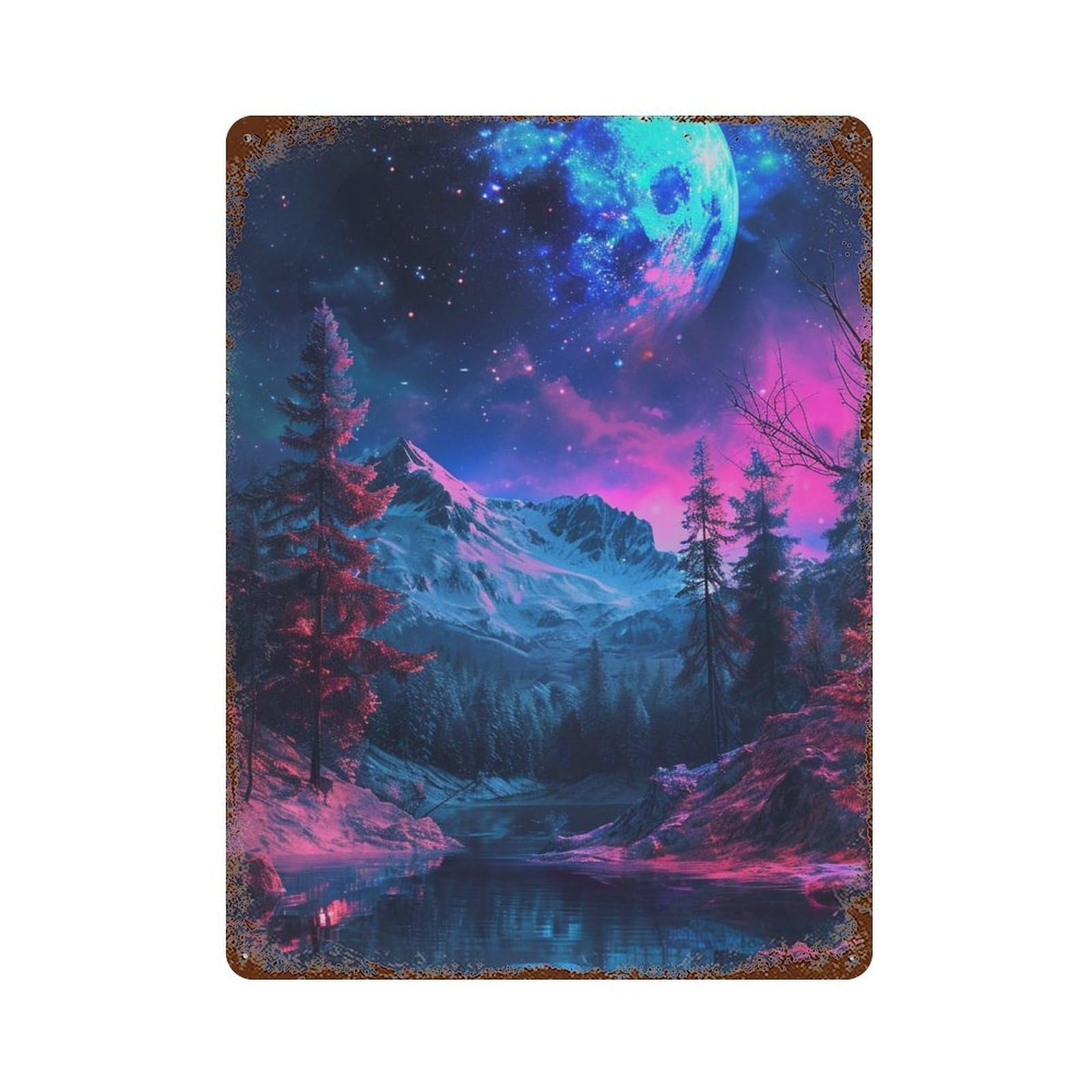 Galactic Moonlit Forest Reflections Aged Metal Wall Plaque 15.7"x11.8", for Office, Studio And Wall Decor, Novelty Wall Decor