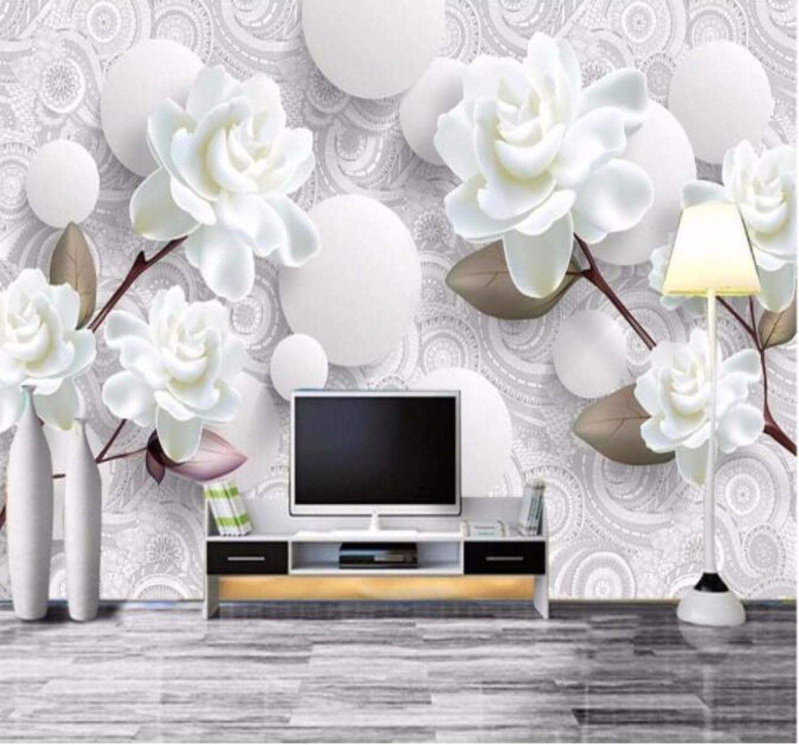 Xlming 400Cm×280Cm(B×H) Exquisite Three Dimensional White Flowers Spheres 3D Wallpaper Luxury Silk Study Dining Feature Sofa Grey Bedroom Living Room Tv Decorative Wall-400Cm×280Cm