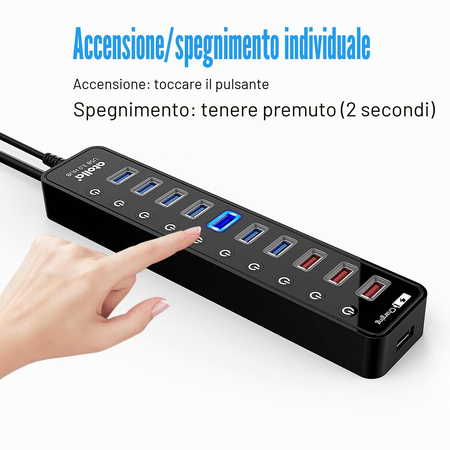Atolla Hub USB attivo 3.0 con alimentatore di rete da 48 W (12 V/4 A), splitter di estensione USB 3.0 a 11 porte (7 porte dati + 4 porte di ricarica intelligente) con interruttore on/off singolo e