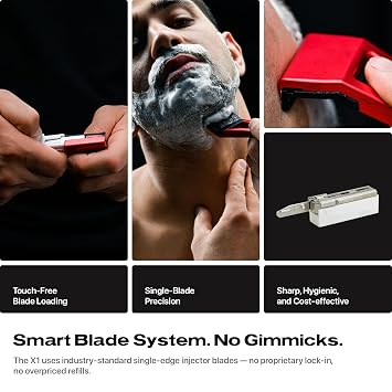 HYPE X1 Aluminum Single Edge Safety Razor Set - Magnetic Comfort (C), Sensitive (S) & Ultra-Close (UC) Shave Settings, 20 Non-Proprietary Blades - Adjustable Shaving Razors For Men and Women - Red
