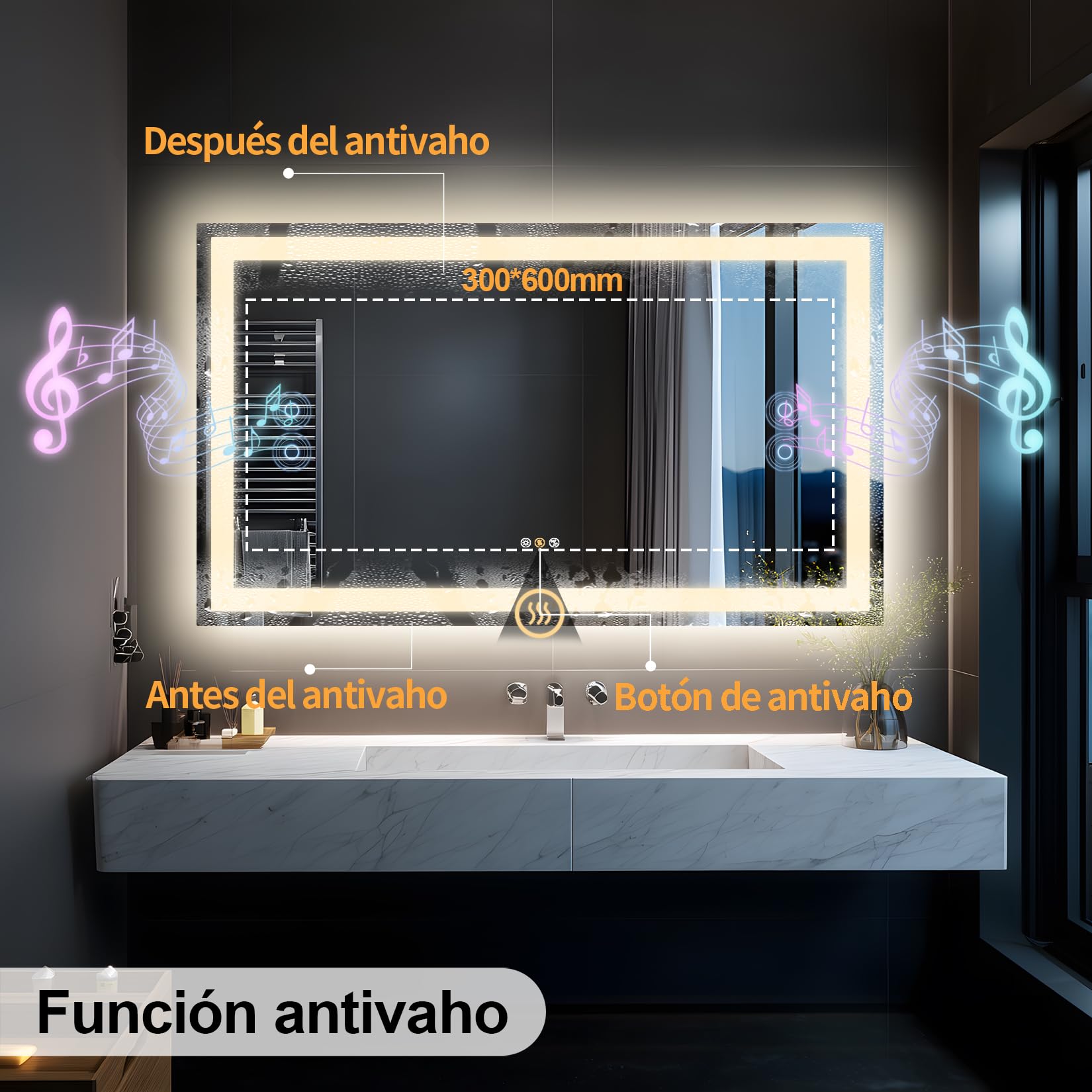 Espejo de baño LED con Luces, Altavoz Dual Bluetooth 100x70 cm, antivaho, 3 temperaturas de Color, Brillo Regulable, función de Memoria, Impermeable, diseño de Montaje en Pared, Vidrio Templado