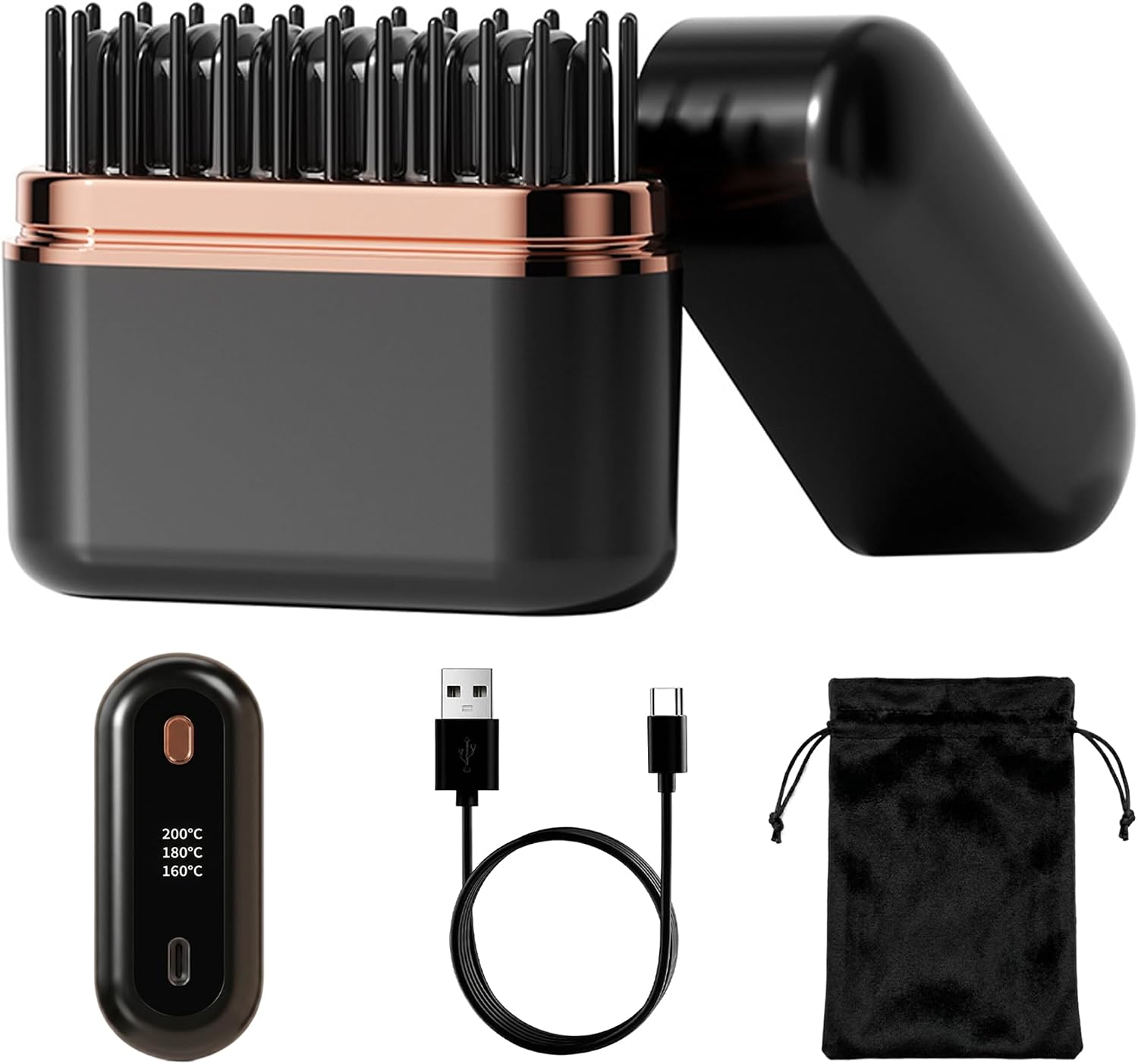Beard Straightener for Men Mini, Viuyougor Cordless Heated Beard Brush with LCD Display, 3 Temp Settings, Portable Beard Hair Comb for for Travel & Home, Type-C Charging, Auto Shut-Off