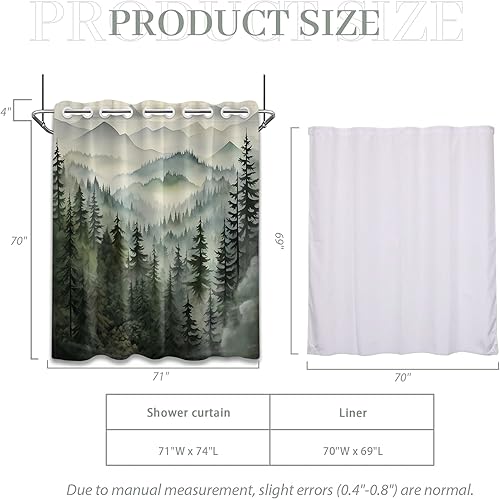 Miniatura 4 de Cortina de ducha sin ganchos con forro a presión, diseño de montaña natural, sin gancho, doble capa sin anillo, forro con imanes, tela de tela