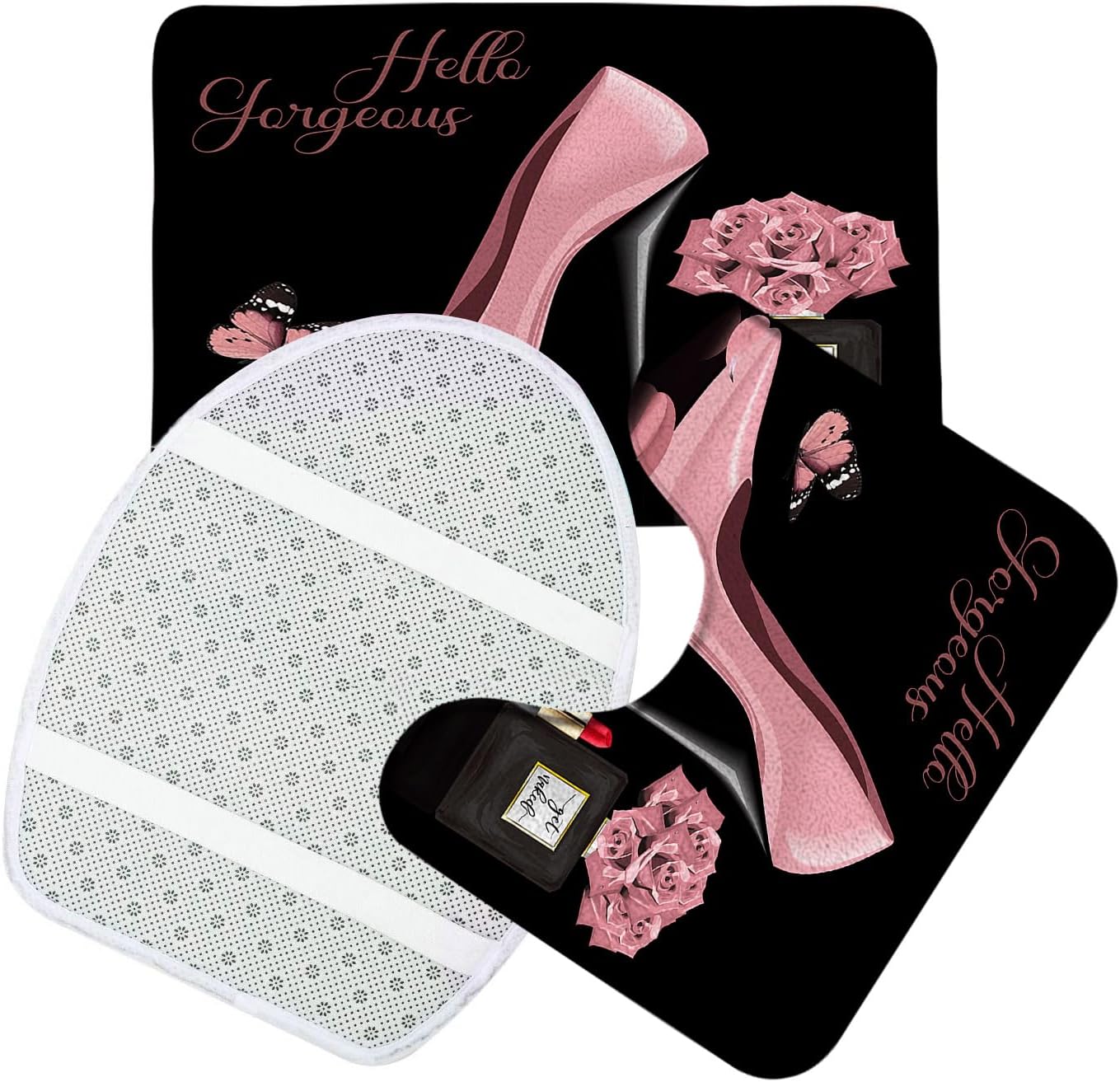 3 Pieces Set Flower Butterfly Bath Mat Hello Gorgeous Fashion Girl Black Perfume Bottle Lipstick Pink High Heel Rose Floral Romantic Lover Woman Bathroom Rugs Toilet Lid Cover Pedestal Rug U-Shaped