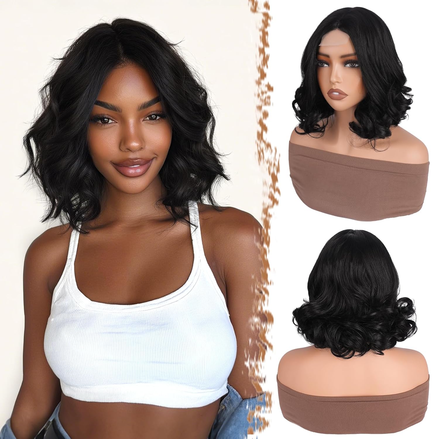 Premium Synthetic Lace Front Wig 11–12 Inch Natural Curly Wig with Middle Part, Small Lace Front, Heat Resistant & Easy Care, 195g, 1B Natural Black