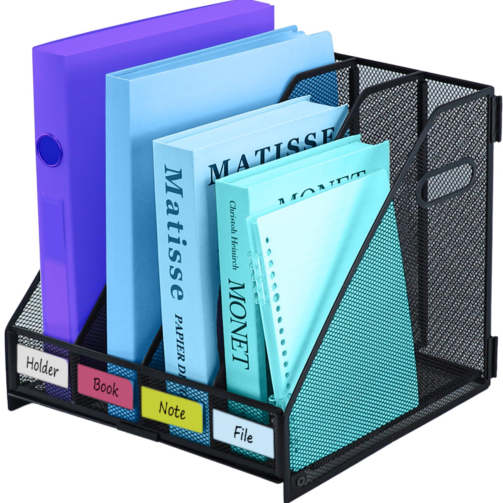 TSDRBWO Desk Organizers Metal Magazine File Holder Racks Desktop Folder Storage Binder Organiser Document Organization for Home Office & Classroom,4 Vertical Compartments-Black