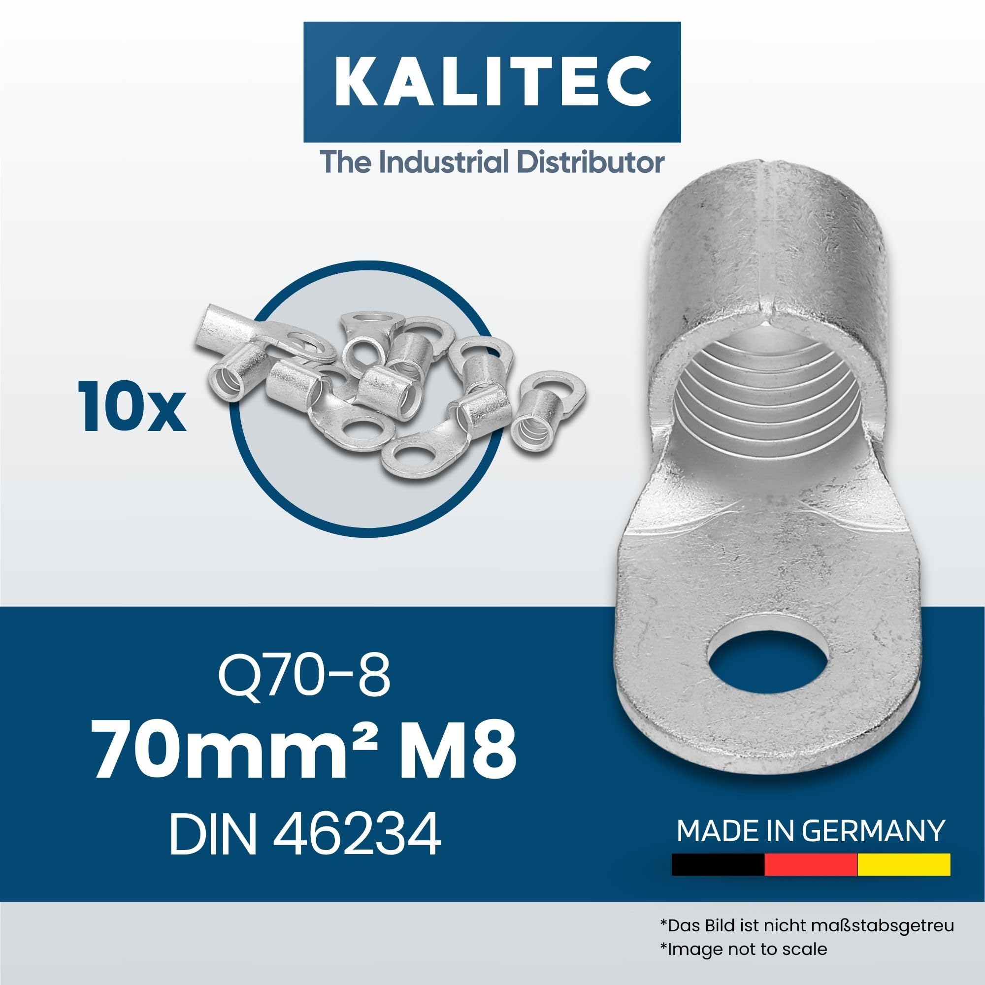 Kalitec Lot de 10 Cosses à Sertir 70 mm² M8, Connecteur de Câble Nu | Cosses à anneau en cuivre électrolytique selon DIN 46234 pour armoires électriques et véhicules, pressage au mandrin.