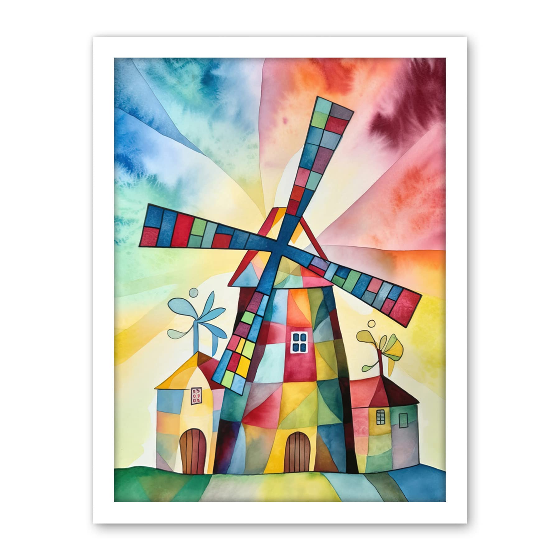 Artery8 Windmill Folk Art Abstract Bright Artwork Framed Wall Art Print 18X24 Inch