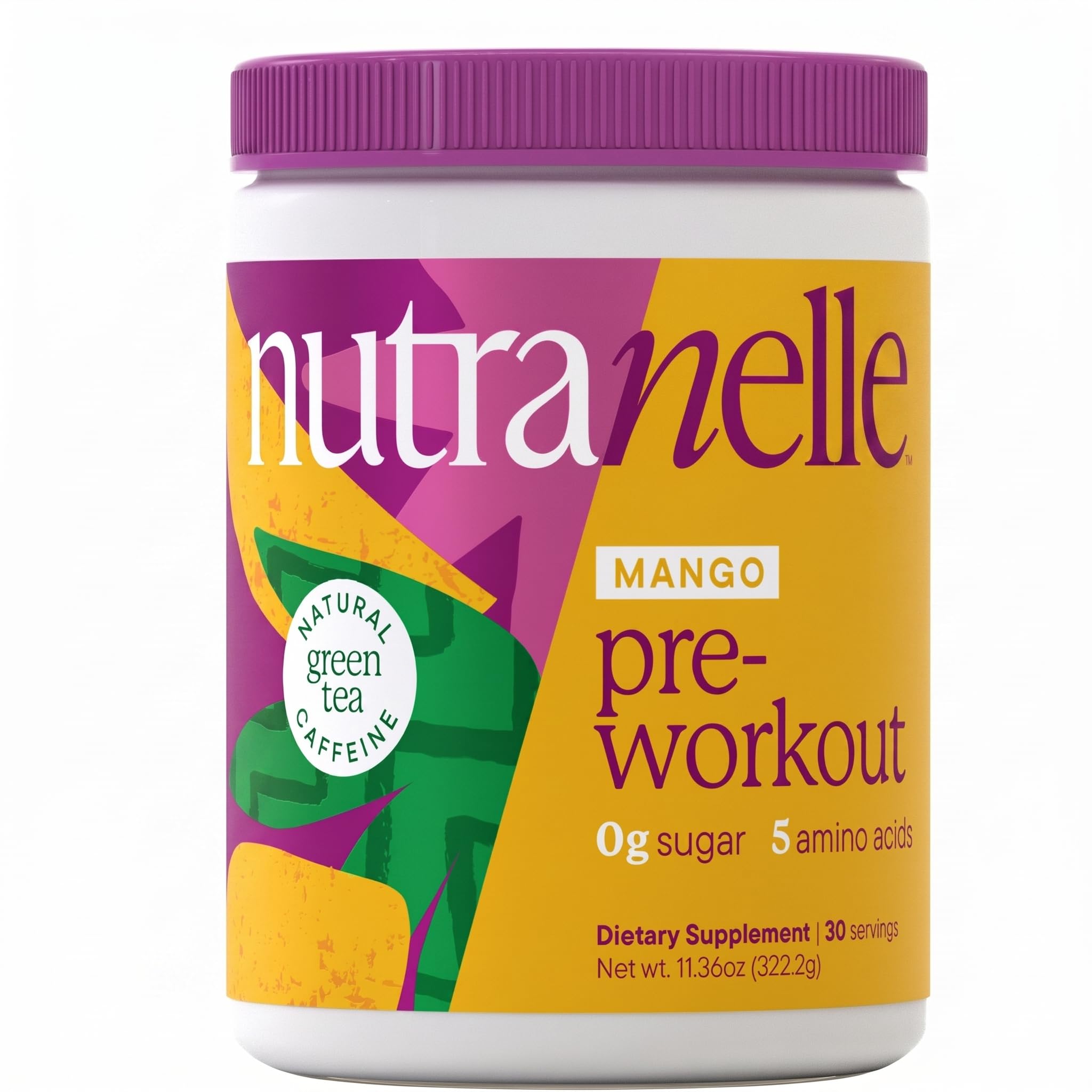 Nutranelle Pré-treino em pó sabor manga e chá verde, 200 mg de cafeína, 200 g