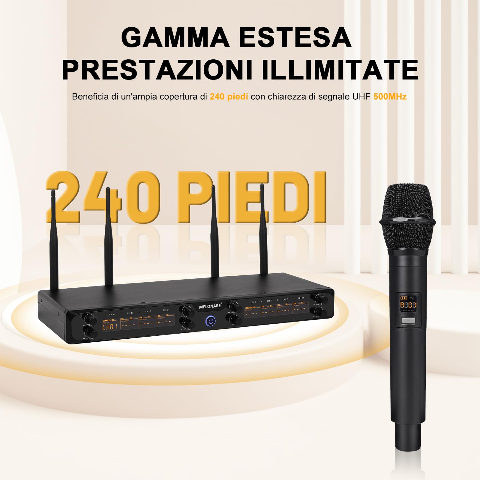 MELONARE Sistema di microfoni wireless UHF 500MHz a 8 canali MWM-81F | 8 x 5 frequenze, portata 73,2 m, microfoni dinamici a mano, canto, karaoke, chiesa, riunioni, matrimoni