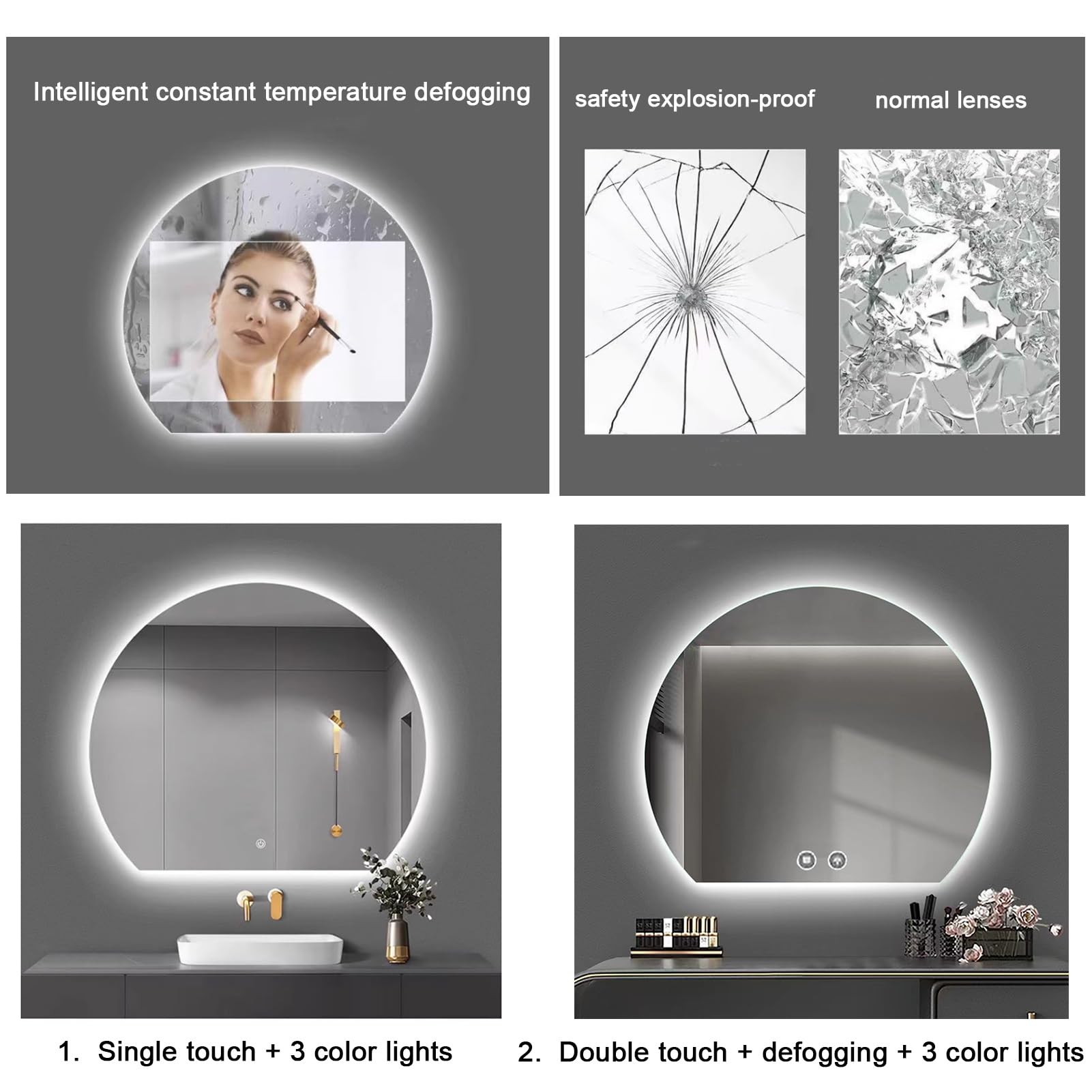 Runder LED-Badezimmerspiegel – Touch-Steuerung, 3 Farben, dimmbar, Wandmontage, beleuchteter Spiegel, Anti-Beschlag, Dual-Touch-Taste, moderner Kosmetikspiegel für Badezimmer