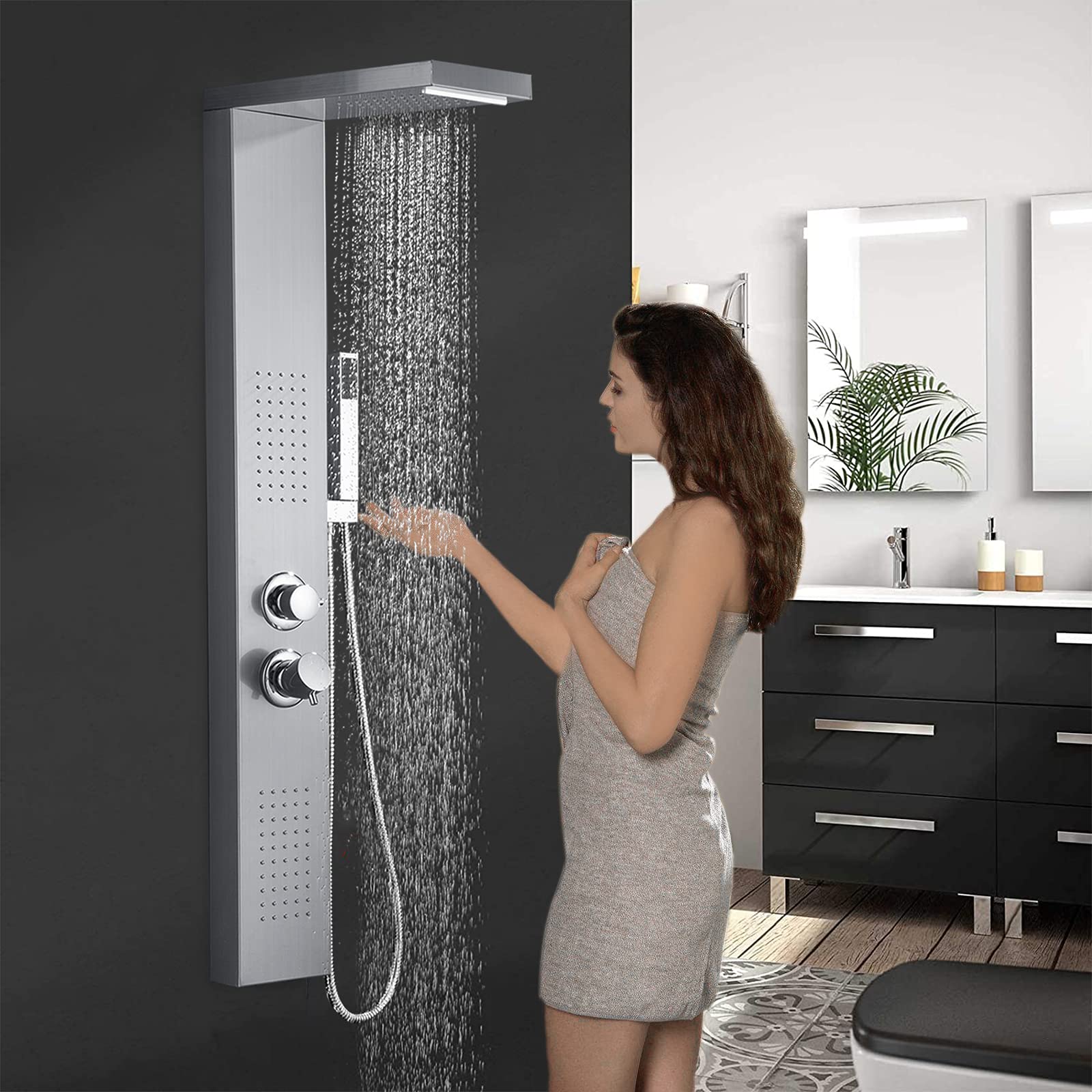 UISEBRT Pannello Doccia Idromassaggio in Acciaio Inox - 4 Funzioni Colonna Doccia Set con per Bagno Inox Sistema Set Doccia con Soffione Fisso,Massaggi,Doccetta e Bocca Vasca (Argento)