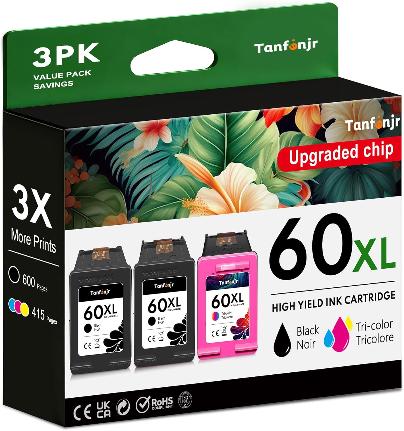 60XL Ink Cartridges Combo Pack Replacement for HP Ink 60 60 XL Work for PhotoSmart C4780 C4680 C4795 C4640;Deskjet F4480 F4440 F2430 ;Envy 110 120 111 114 Printers 3-PK (2 Black, 1 Tri-Color)