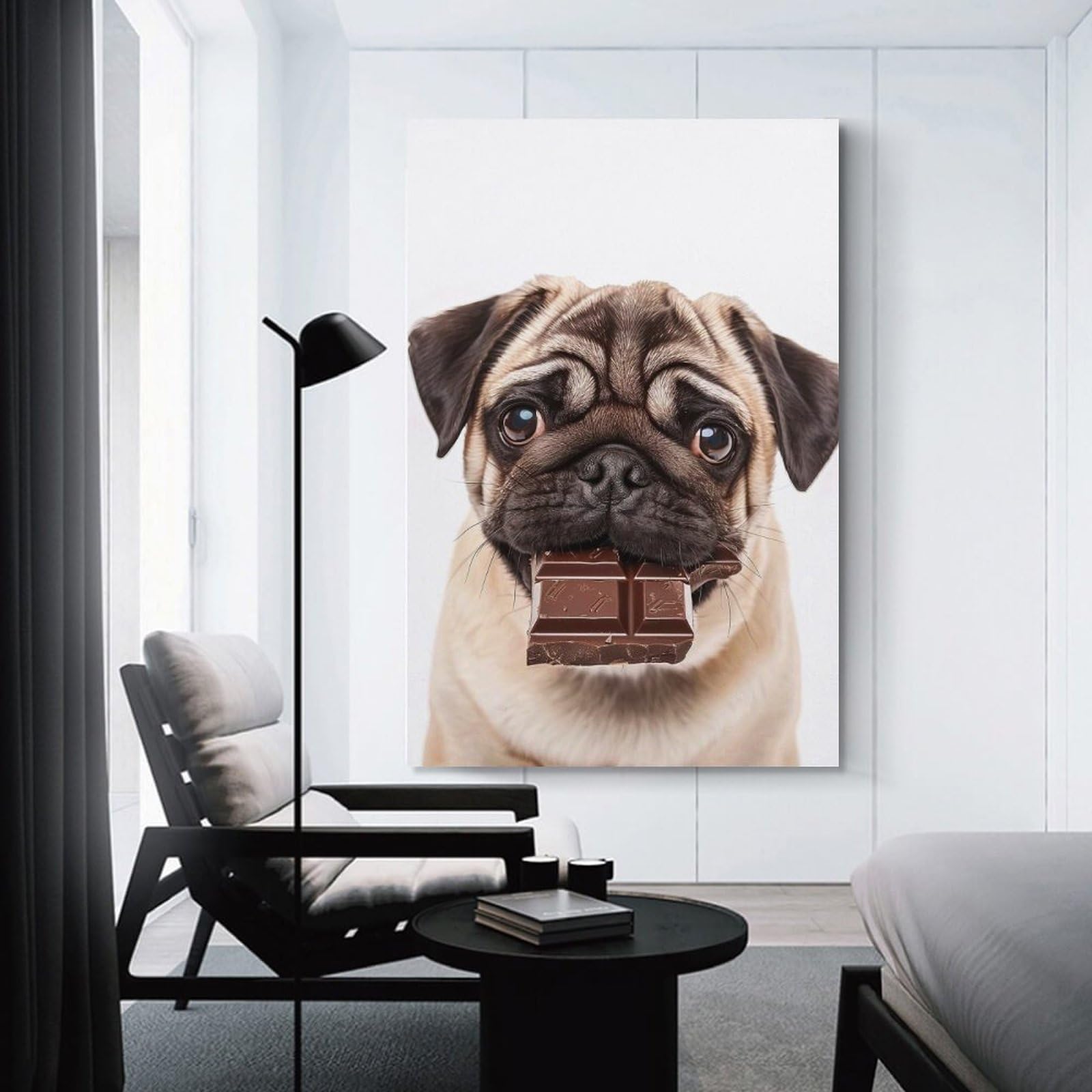 Junmoney Decorative Canvas Print Pug with Chocolate Bar, 16x24inch(40x60cm), for Home Office, Desk Area Or Studio, Home Office Artwork with Decorative Appeal