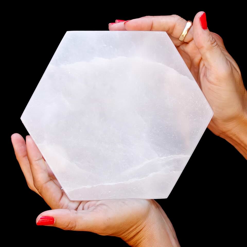 Om Zone Selenite Charging Plate for Cleansing Crystals & Healing Stones, Meditation, Reiki, Protection Crystals, Spiritual Gift (1, 6" Hexagon)