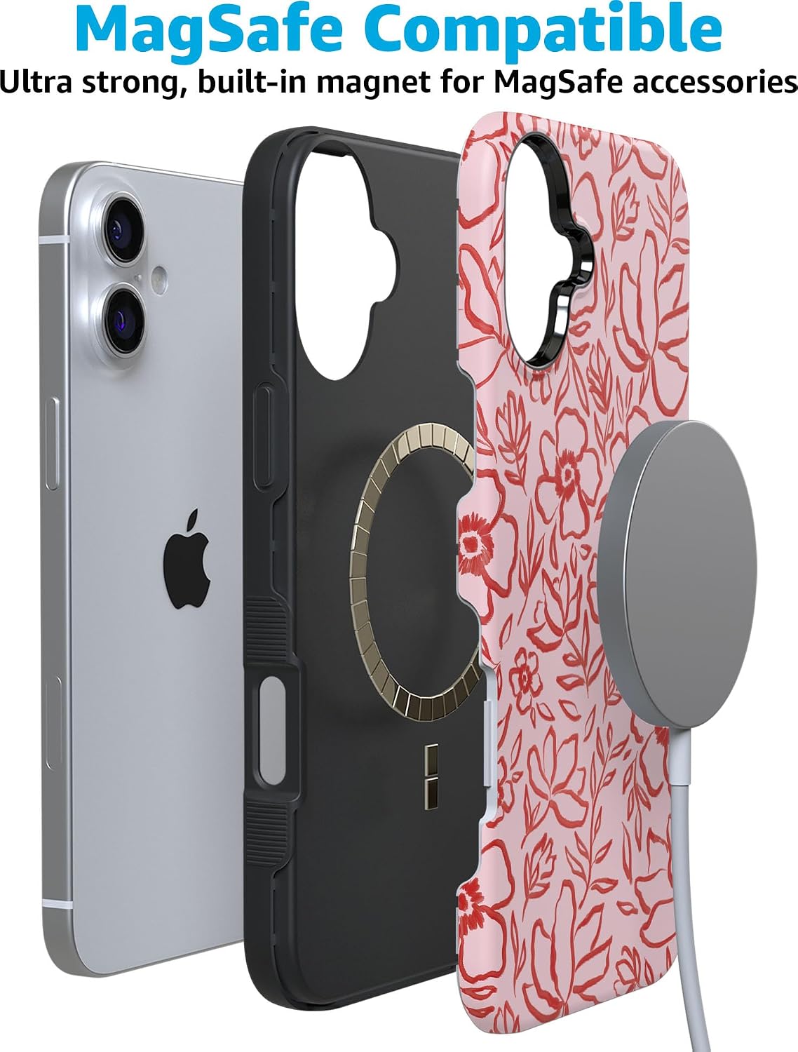 Casely iPhone 16 Case | Blush Garden | Floral Doodle | Bold Military-Grade Drop Protection | Compatible with MagSafe