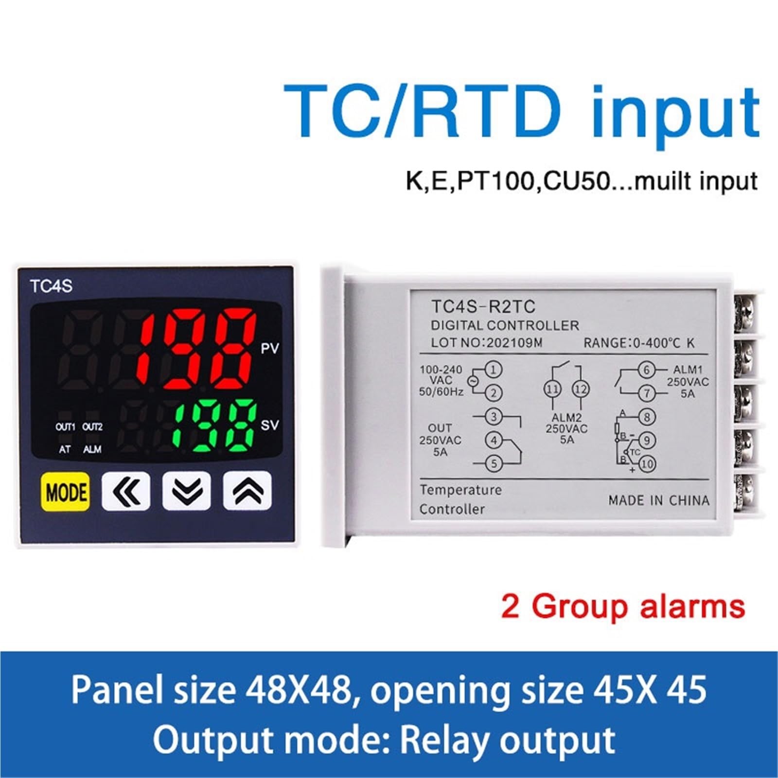 1 Uds. Controlador de temperatura PID TC4S 4-20mA SSR salida de relé regulador PID tipo K instrumento Digital de entrada múltiple 48*48(Relay OPT 2ALM)