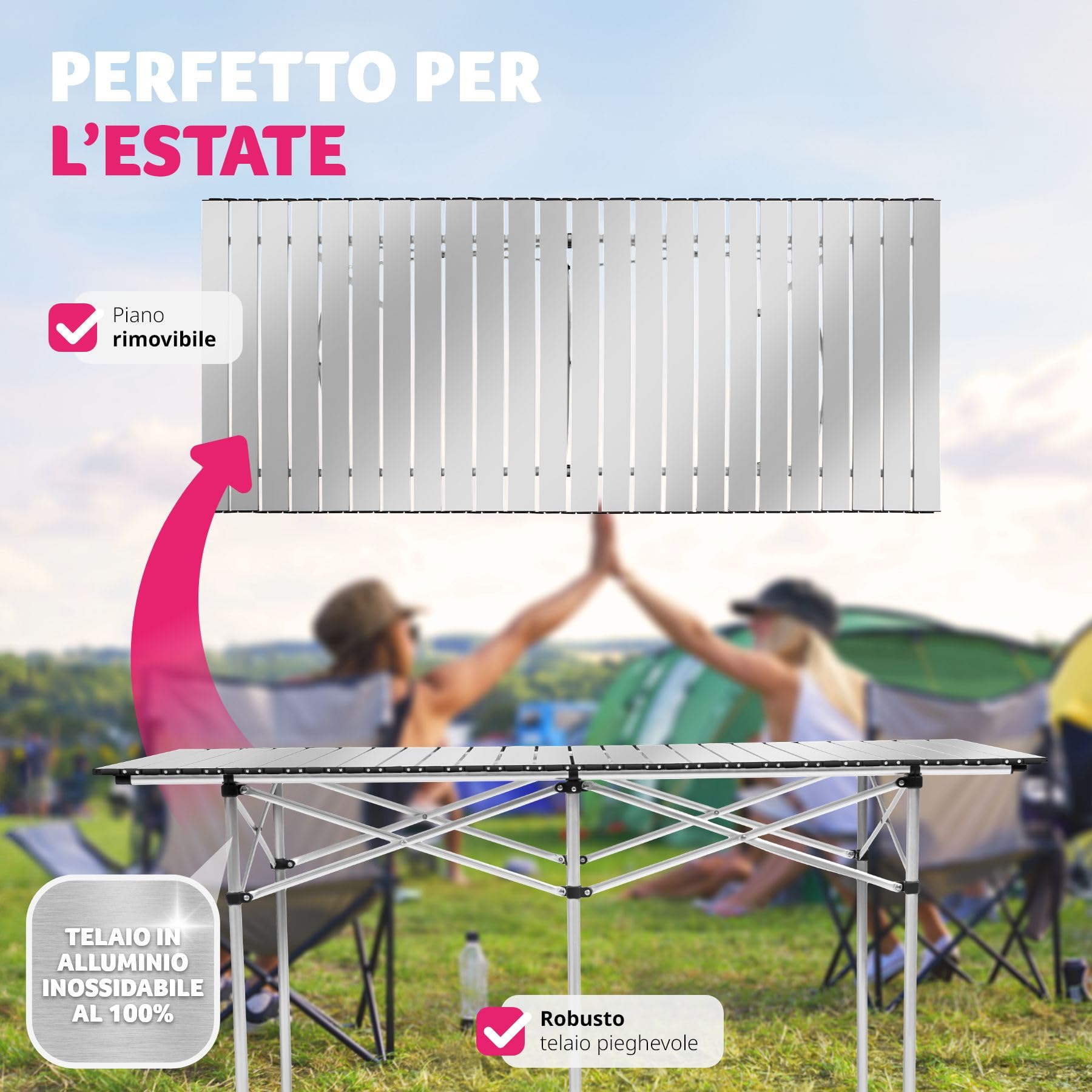 tectake® Tavolo da Campeggio Pieghevole, Telaio in Alluminio, Tavolo Salvaspazio con Pratica Borsa da Trasporto, Resistente alle Intemperie, 140x70x70 cm - Grigio