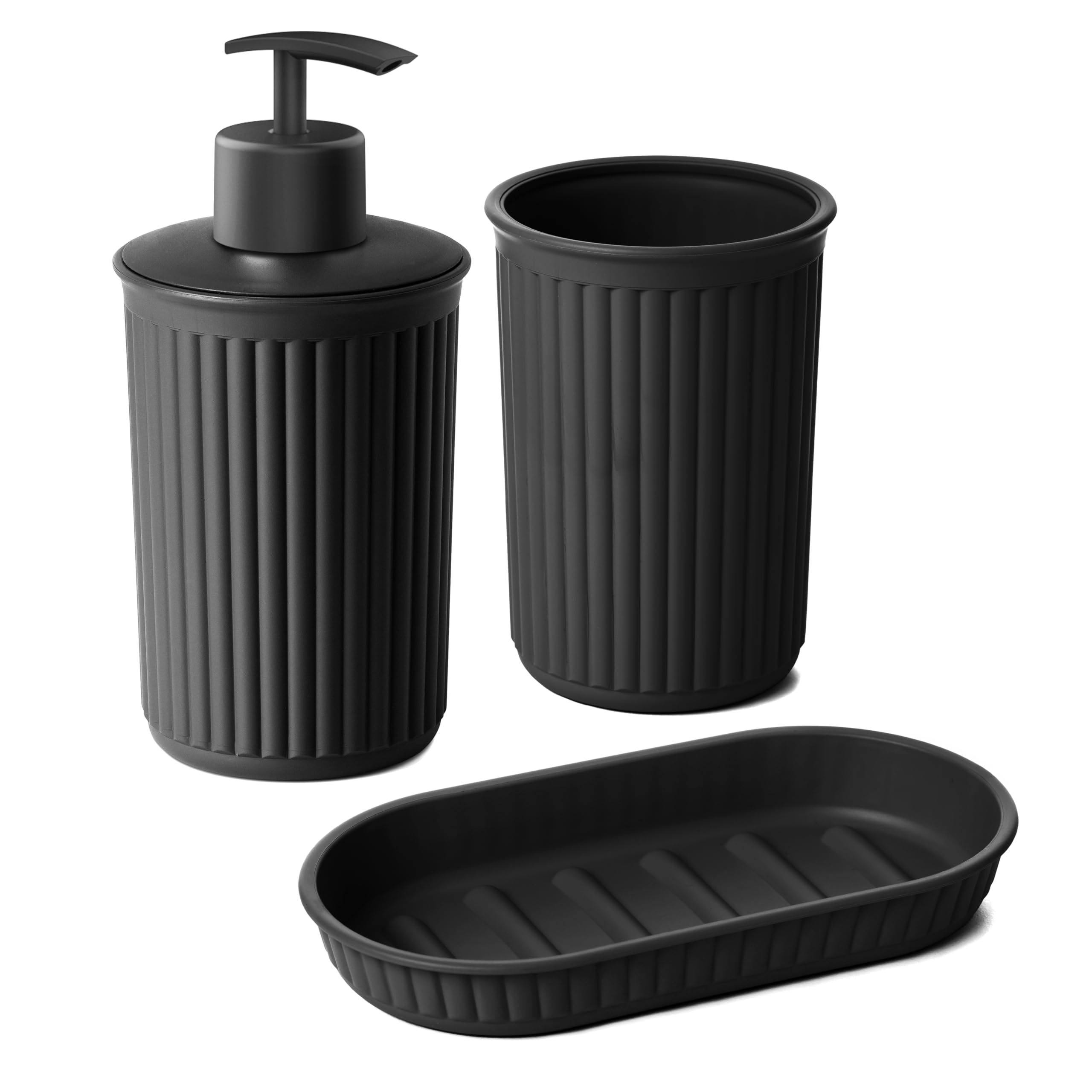 Tatay Set de 3pcs Sobremesa de Baño (Vaso + Dosificador + Jabonera) Baobab, de Plástico, Libre de BPA, Negro