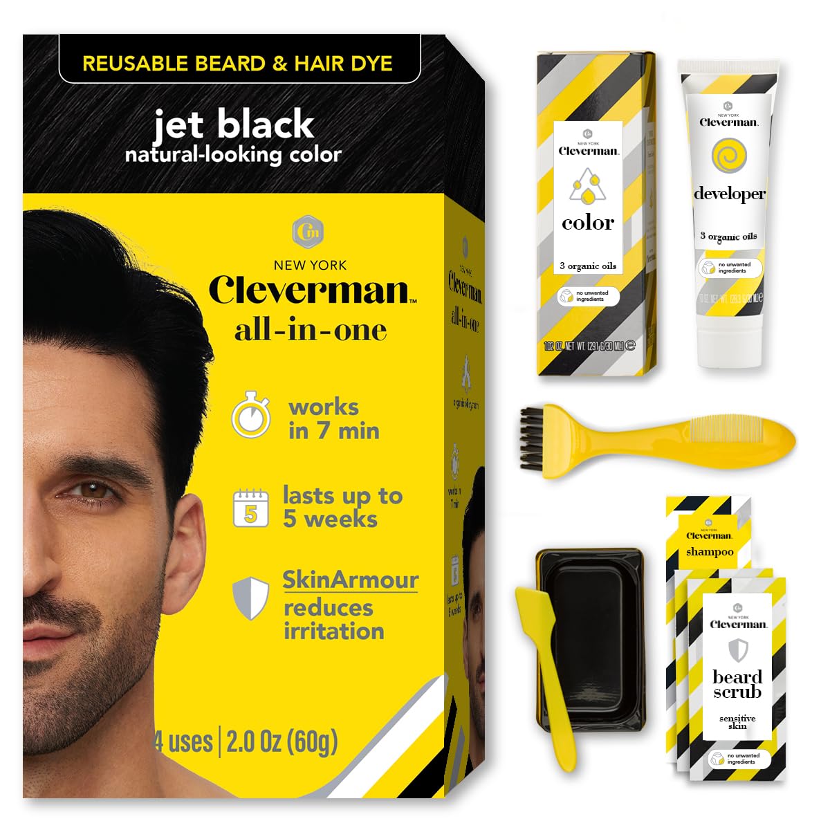 CLEVERMAN Jet Black Hair & Beard Dye for Men, All-in-One Reusable Kit - Permanent, Ammonia-Free, Professional-Quality and Natural-Looking Gray Coverage for Hair, Beard & Mustache