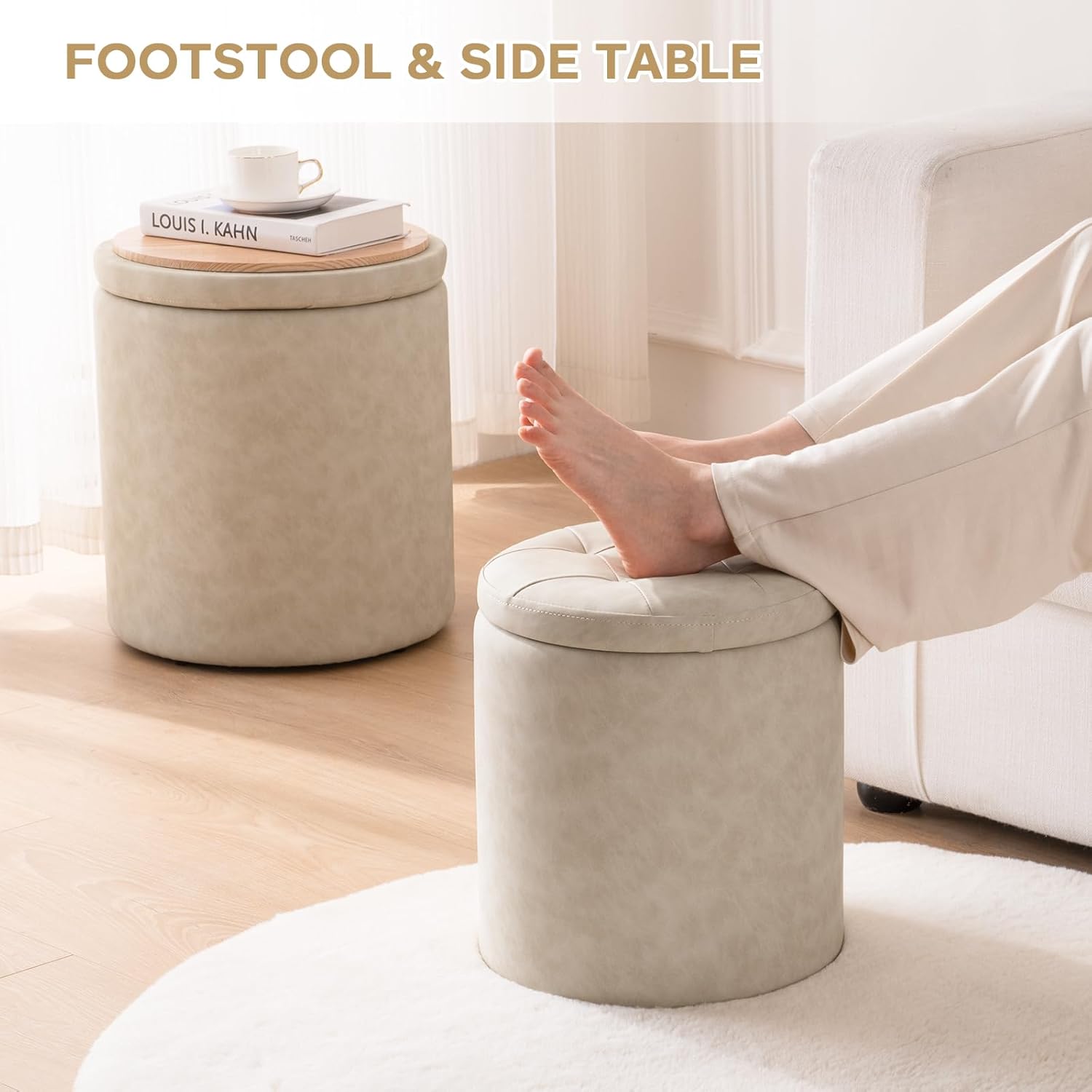 Faux Leather Round Ottoman with Storage 12.6" W x 14.17" H & 14.76" W x 17.32" H Set of 2, Small Boucle Coffee Table Footstool with Removable Lid for Living Room, Bedroom, Beige - Image 5