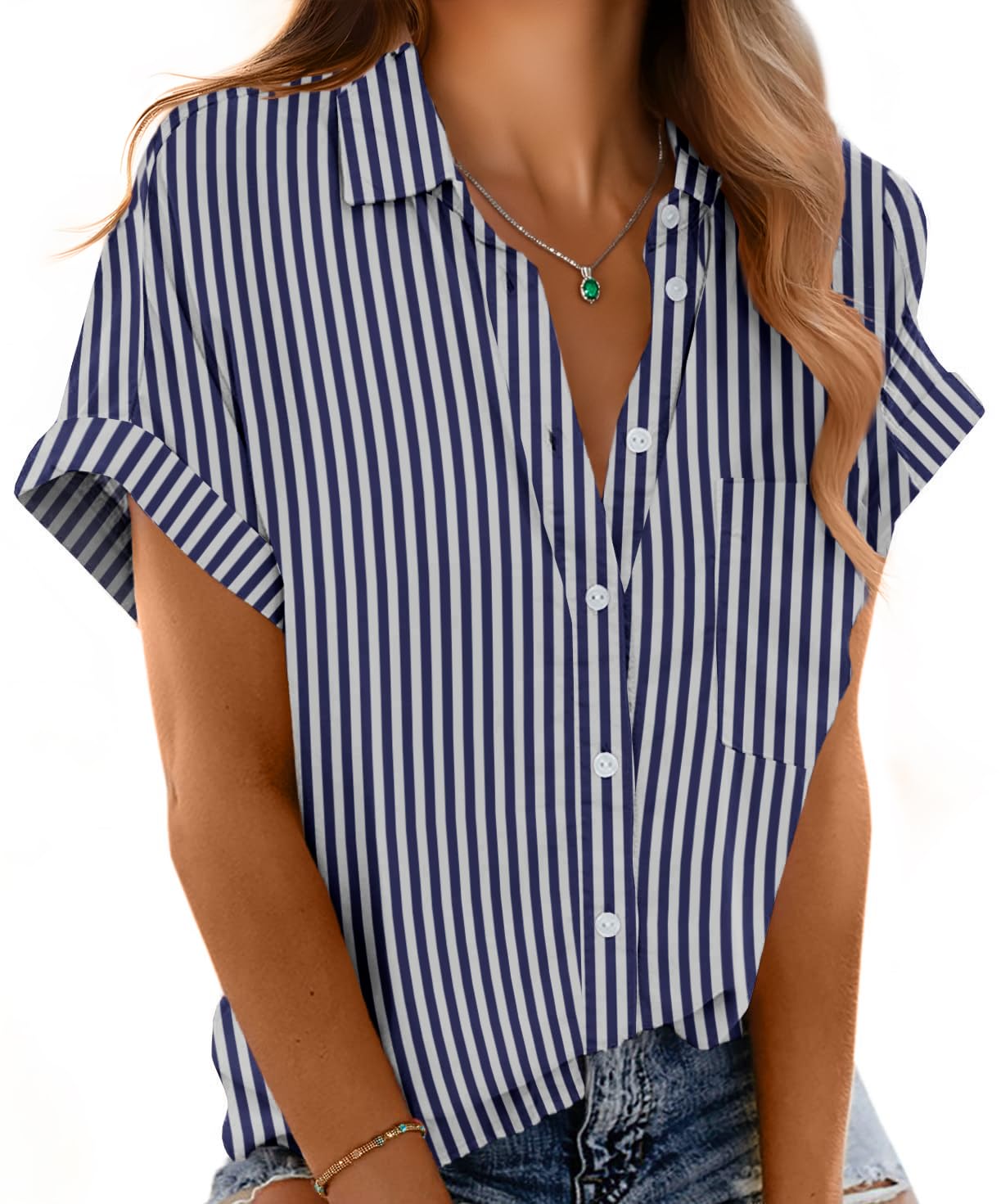 Mintreus Button Down Short Sleeve Shirts for Women V Neck Loose Roll Up Collared Shirt Casual Summer Tops with Pockets