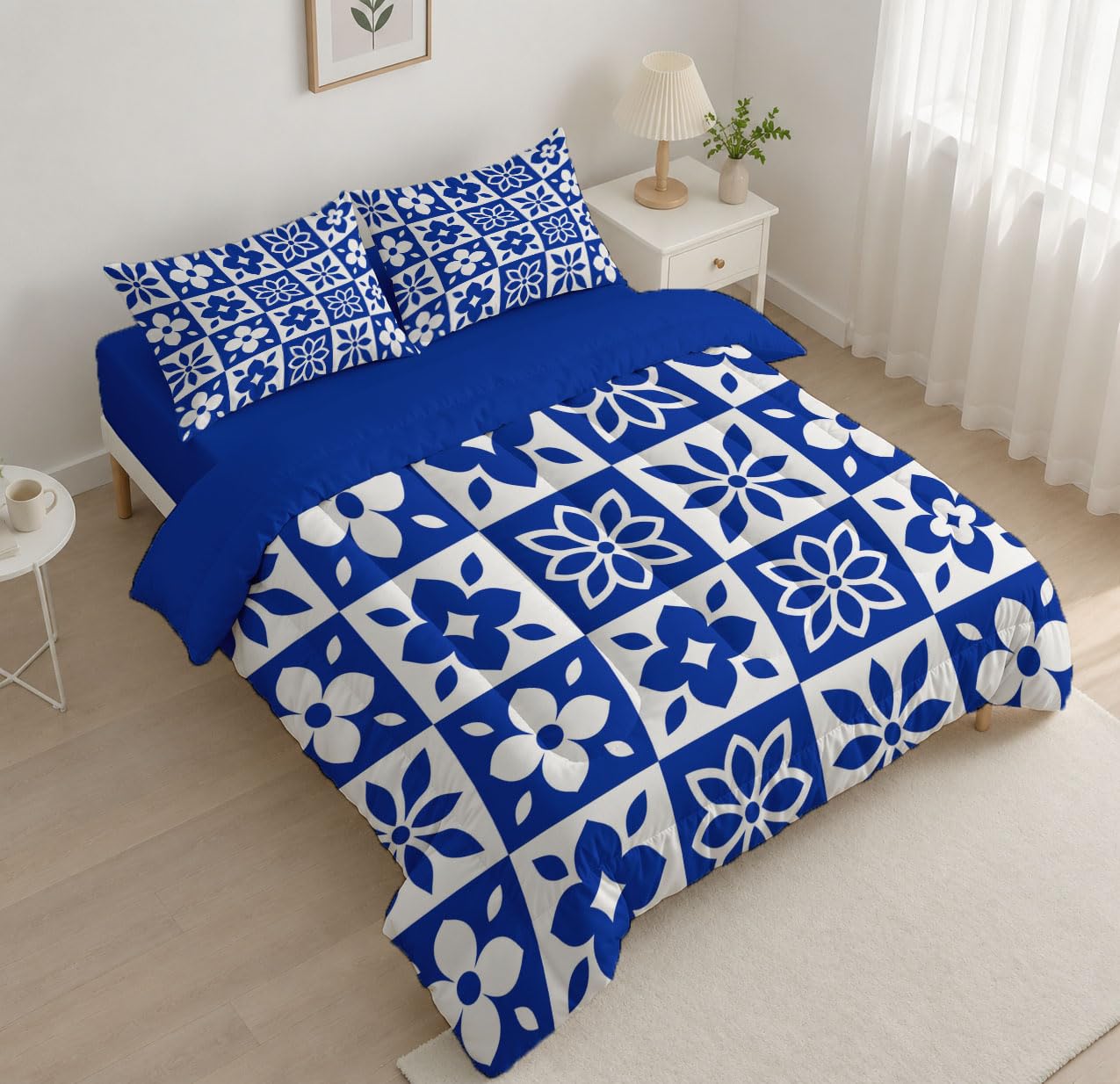 Piumone 2-In-1 Letto Matrimoniale 200X200 Cm Piastrelle Floreali Marocchine | Trapunta E Piumino Reversibile 4 Stagioni, Griglia Geometrica Per Piante, Copriletto Lavabile Morbido Leggero, Blu Navy