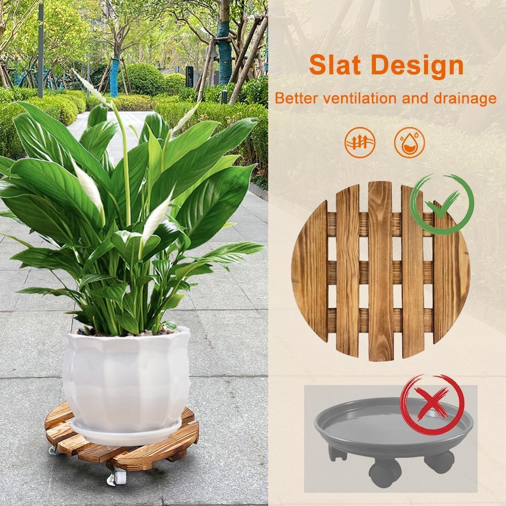 Lot de 2 chariots à plantes en bois, support pour plantes, panier lourd avec roulettes | Support de plante rond à roulettes en métal 30 cm avec roulettes verrouillables à 360° pour pot de fleurs intérieur/extérieur