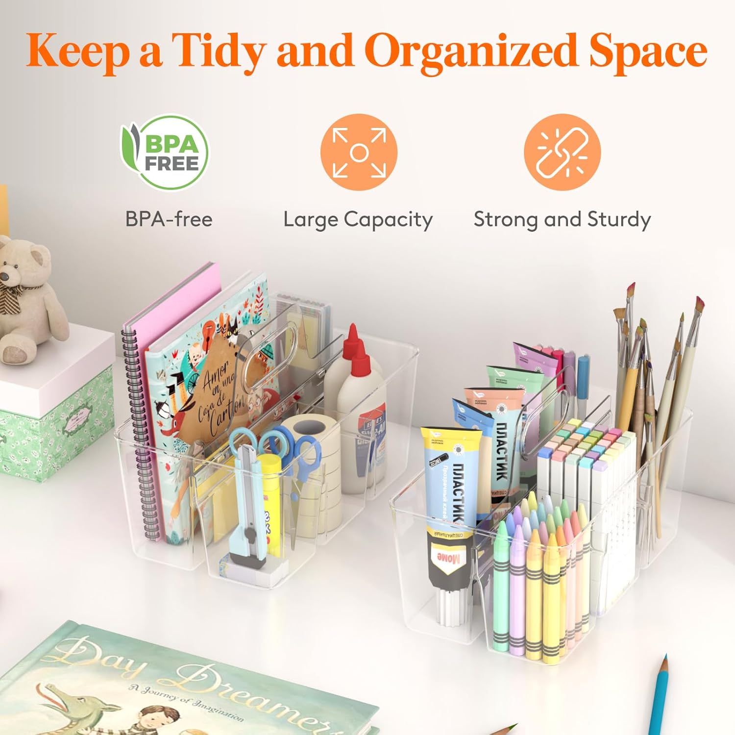Lifewit 2-Pack Plastic Divided Caddy Organizer with Handle, Portable Art Supply Storage Organizer for Craft Supplies, Cosmetics, Holds Pencil, Crayon, Brushes, Hair Product, Dorm Shower Caddy, Clear 2 Clear image 2 of 9 B0DJ27199K