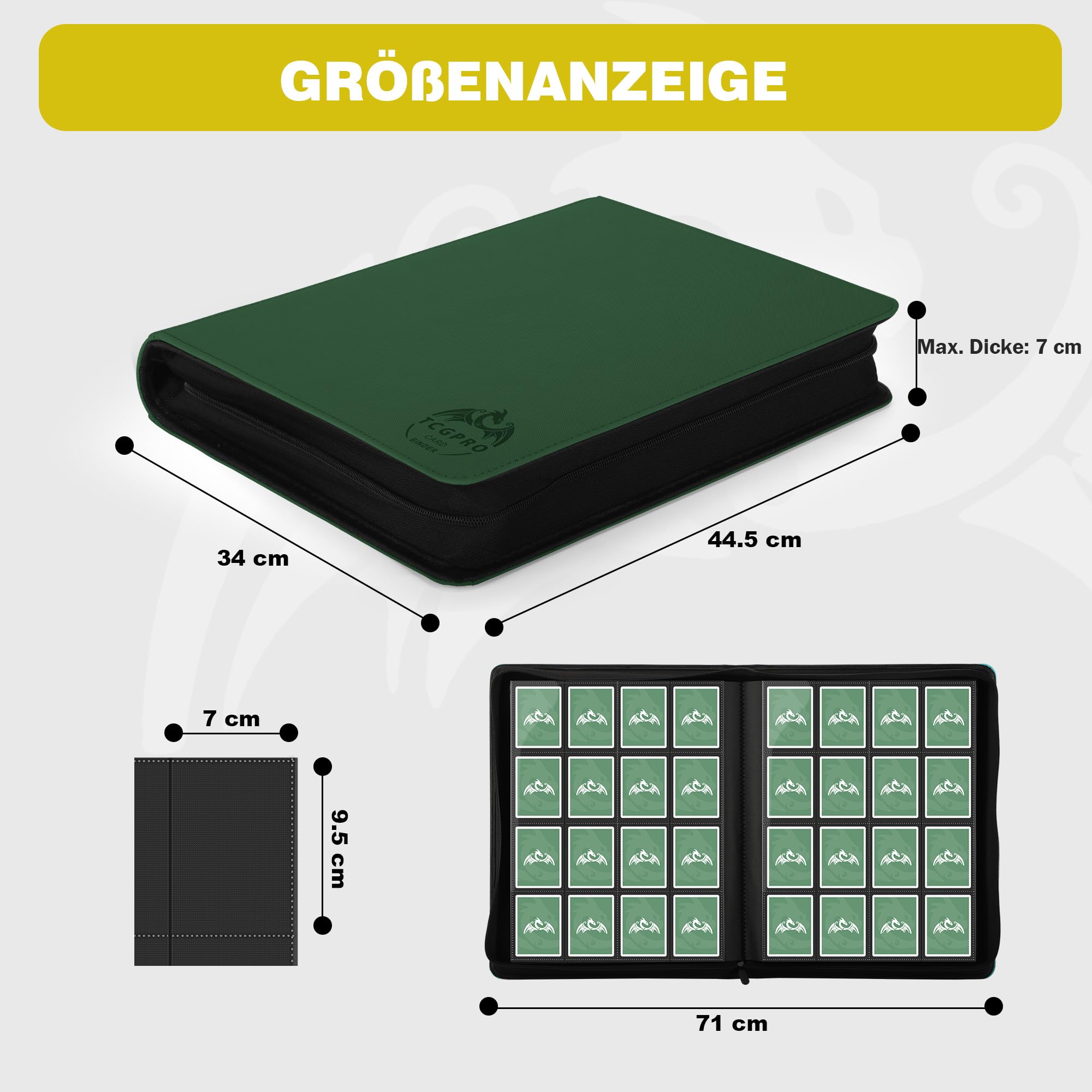 TCGPRO Sammelkarten Album für 1000 Karten, Trading Card Binder mit 16 Kartenfächern pro Seite, Wasserdichte PU-Hülle für Standardgröße-Karten z.B. Sammelkartenspiele, Sportkarten, TCG, Dunkelgrün