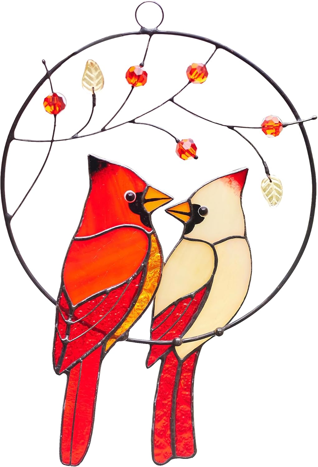 Cardinal Couple in Circle Suncatcher – Cute Birdy Suncatcher for Window – Handcrafted Stained Glass Window Hanging – Lovely Glass Adornment for House – Original Art Gift