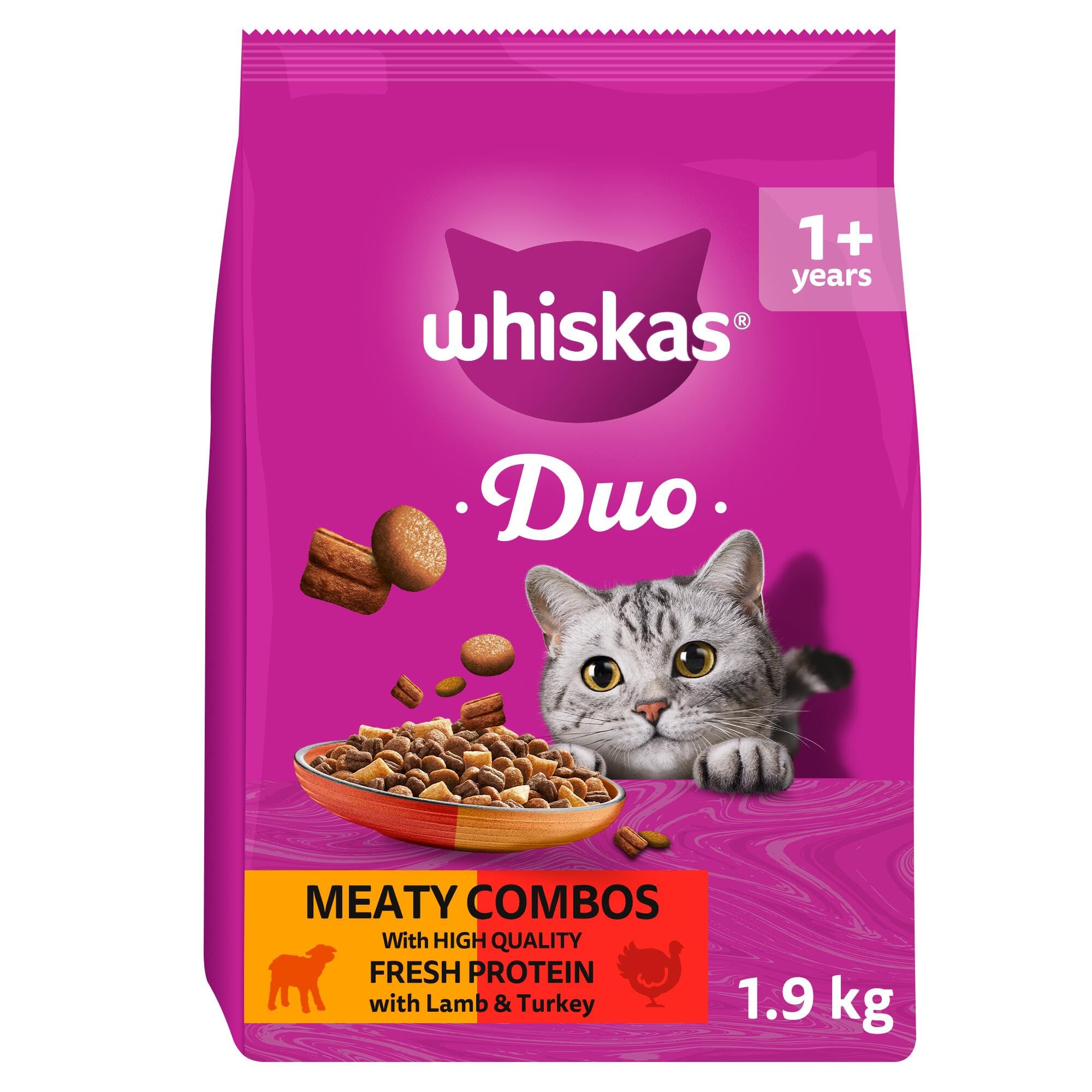 Whiskas DUO Adult Dry Cat Food 1.9kg Meaty Combos (Pack of 4)