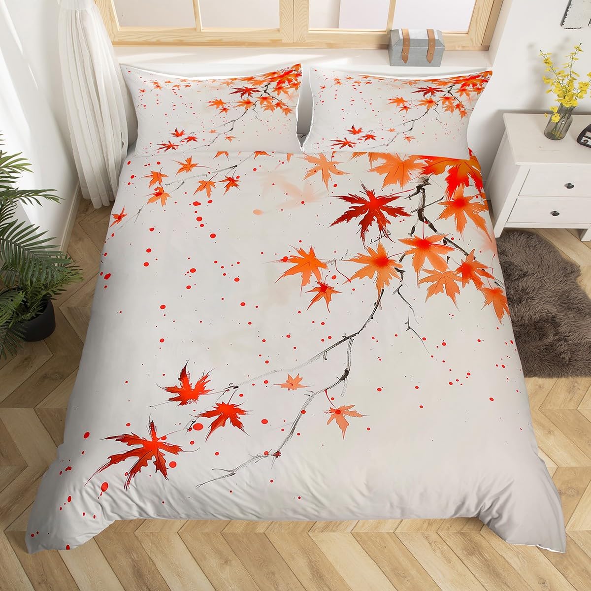 Maple Leaf Super King Comforter Cover Fall Leaves Bedding Set Ink Painting Theme Duvet Cover,Chinese Style Decor Quilt Cover for Kids Boys Girls Teens,Orange