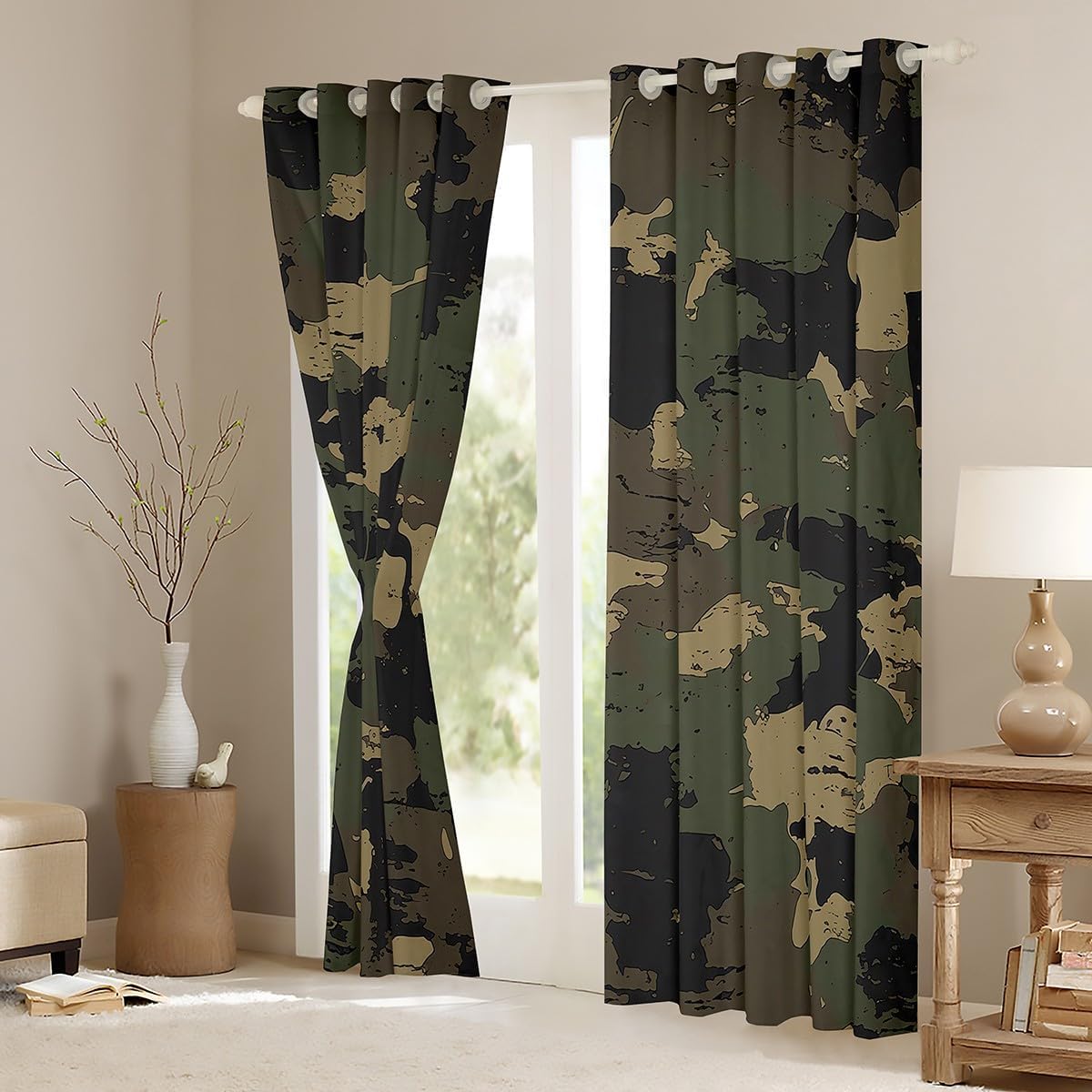 Feelyou Camo Darkening Dreapes Camouflage Curtains Living Room Kids Military Style Blackout Curtains Camo Printed Green Window Treatments (2 Panels, 42 x 90 Inch)