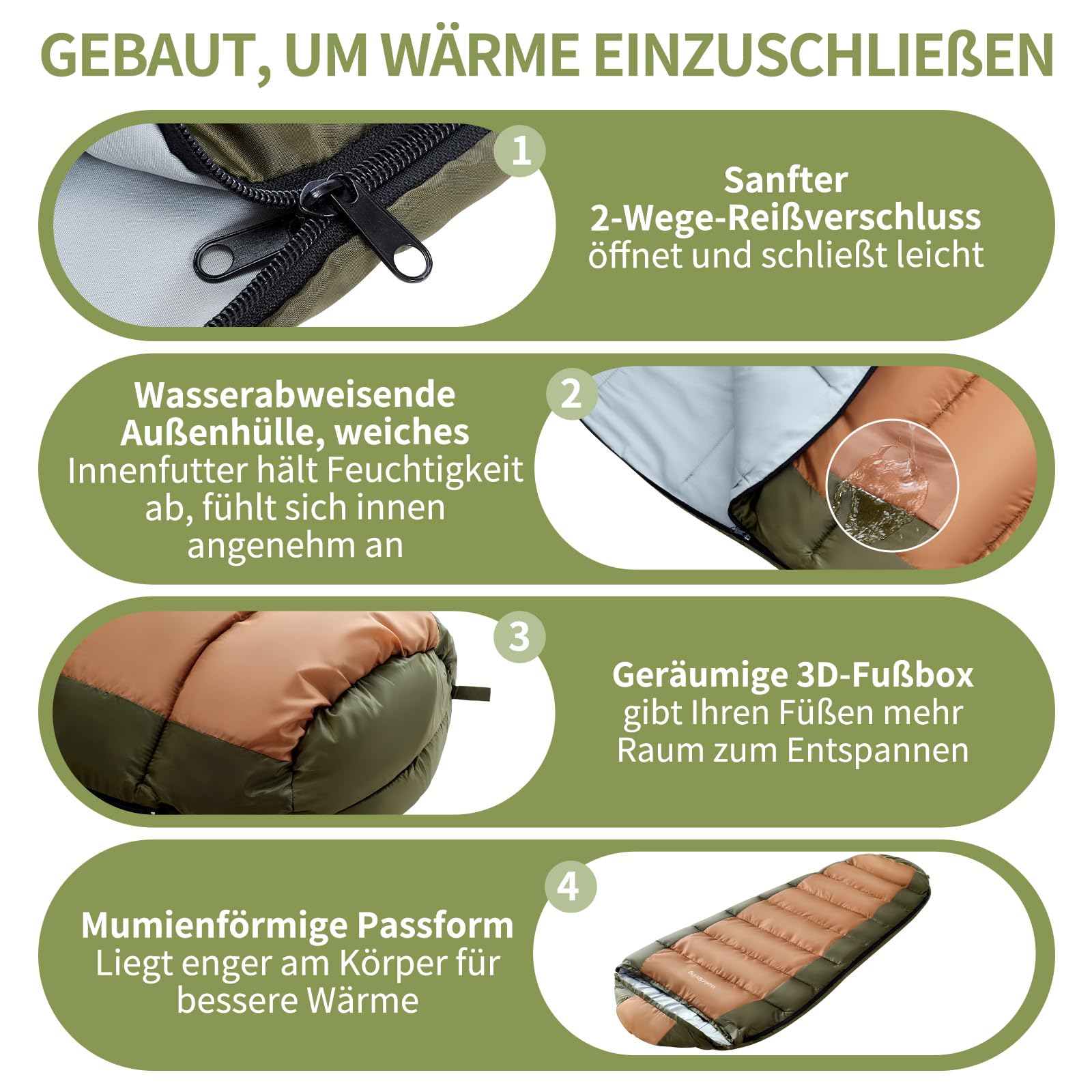 Schlafsack Erwachsene, 3-Jahreszeiten Mumienschlafsack Outdoor, wasserabweisender Camping Schlafsack Kapuze 450GSM, 200/230 cm, für Reisen