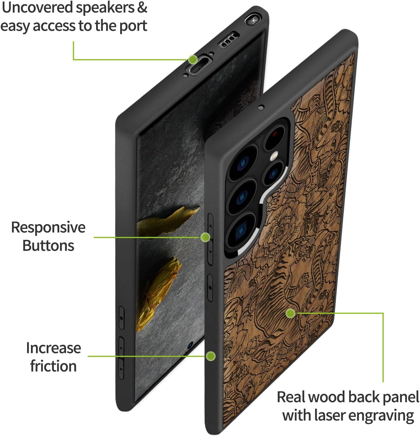 Carveit Wood Case for Galaxy S23 Ultra Case [Natural Wood & Black Soft TPU] Shockproof Protective Cover Unique Wooden Design Compatible with Samsung S23 Ultra (Tiger Amidst Flowers-Walnut)