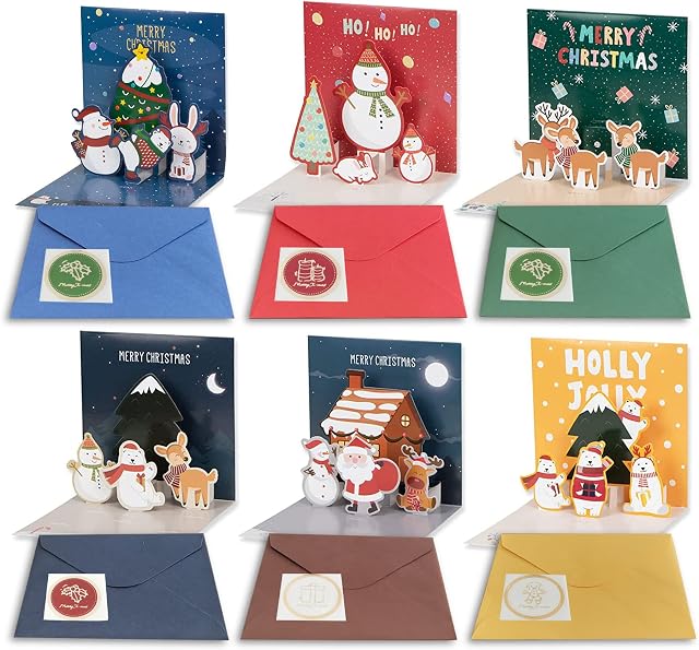 Pop Up Christmas Cards (6 Pack), Funny 3D Christmas Pop Up Card with Envelope and Sticker,2022 Cute Santa Elk Reindeer Snowman Luxury Xmas 3D Pop Up Greeting Card Multipack for Kids Friends