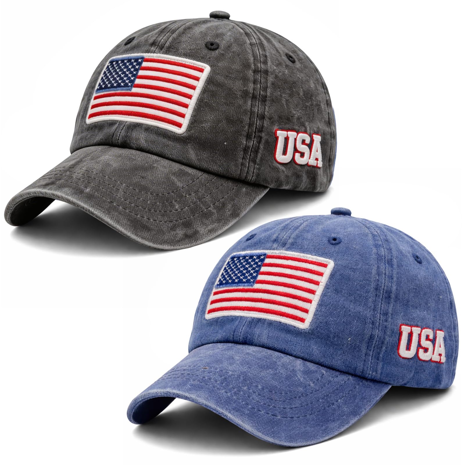 Gullora 2 Pack American Flag Baseball Caps for Men & Women – Adjustable Cotton USA Baseball Hat Set, Embroidered Patriotic Dad Hats for Outdoor & Daily Wear
